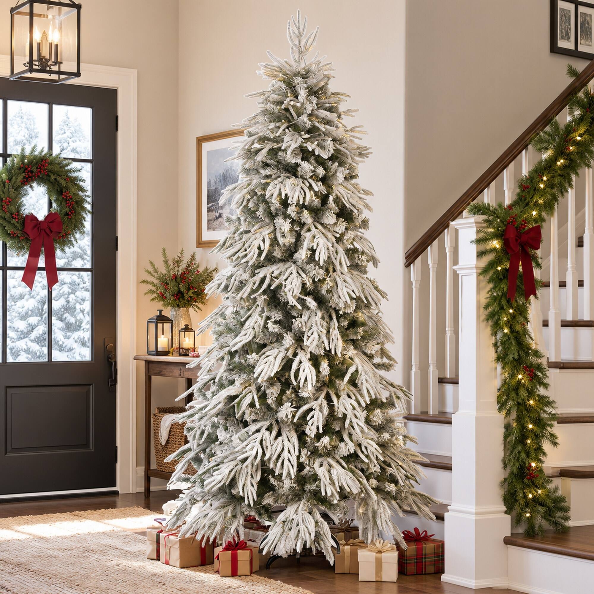 Alt View 1. RYHNUYNE - 8FT Pre-Lit Slim Flocked Christmas Tree With 350 Warm White LED Lights and 950 Tips, Metal Stand for Narrow Spaces - White.