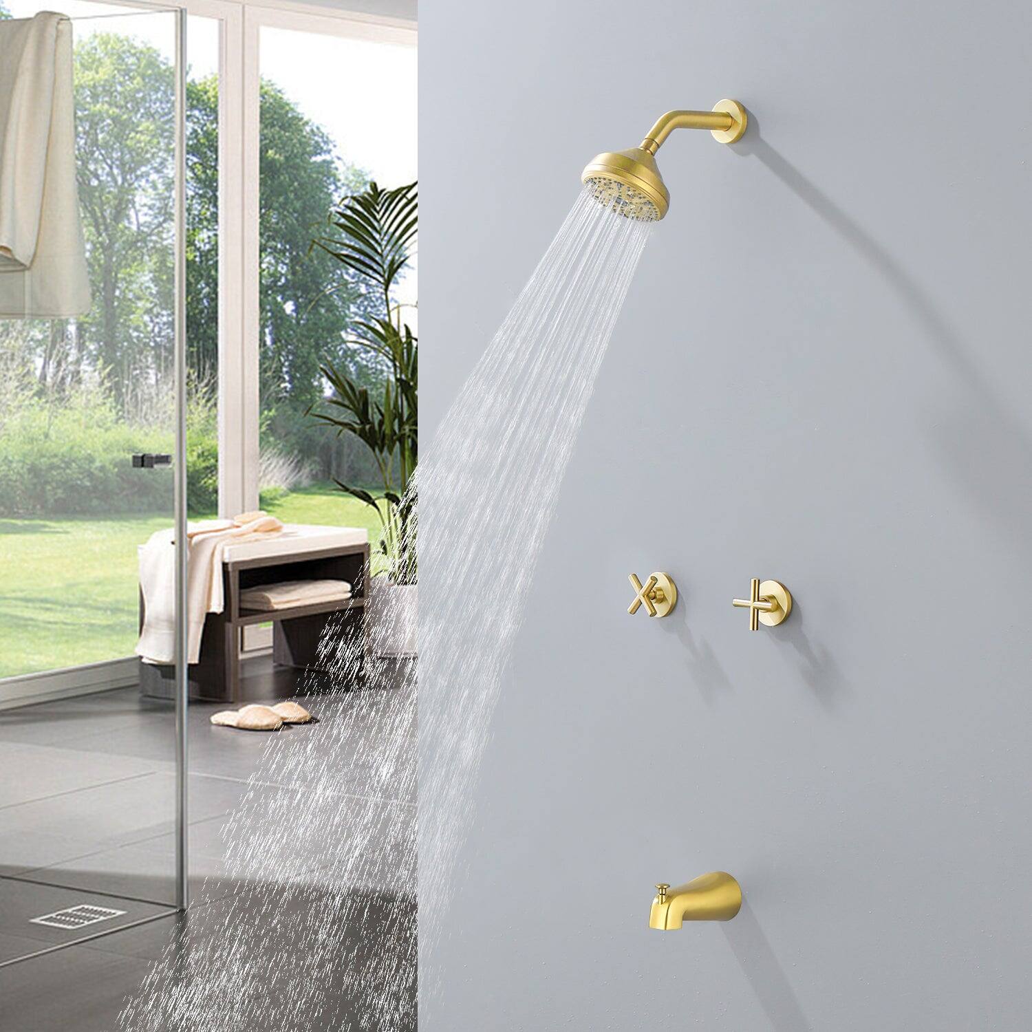 Alt View 2. Boyel Living - Brushed Gold Shower Set with Dual Handles and 10 Function ABS Overhead Shower - Brushed Gold.