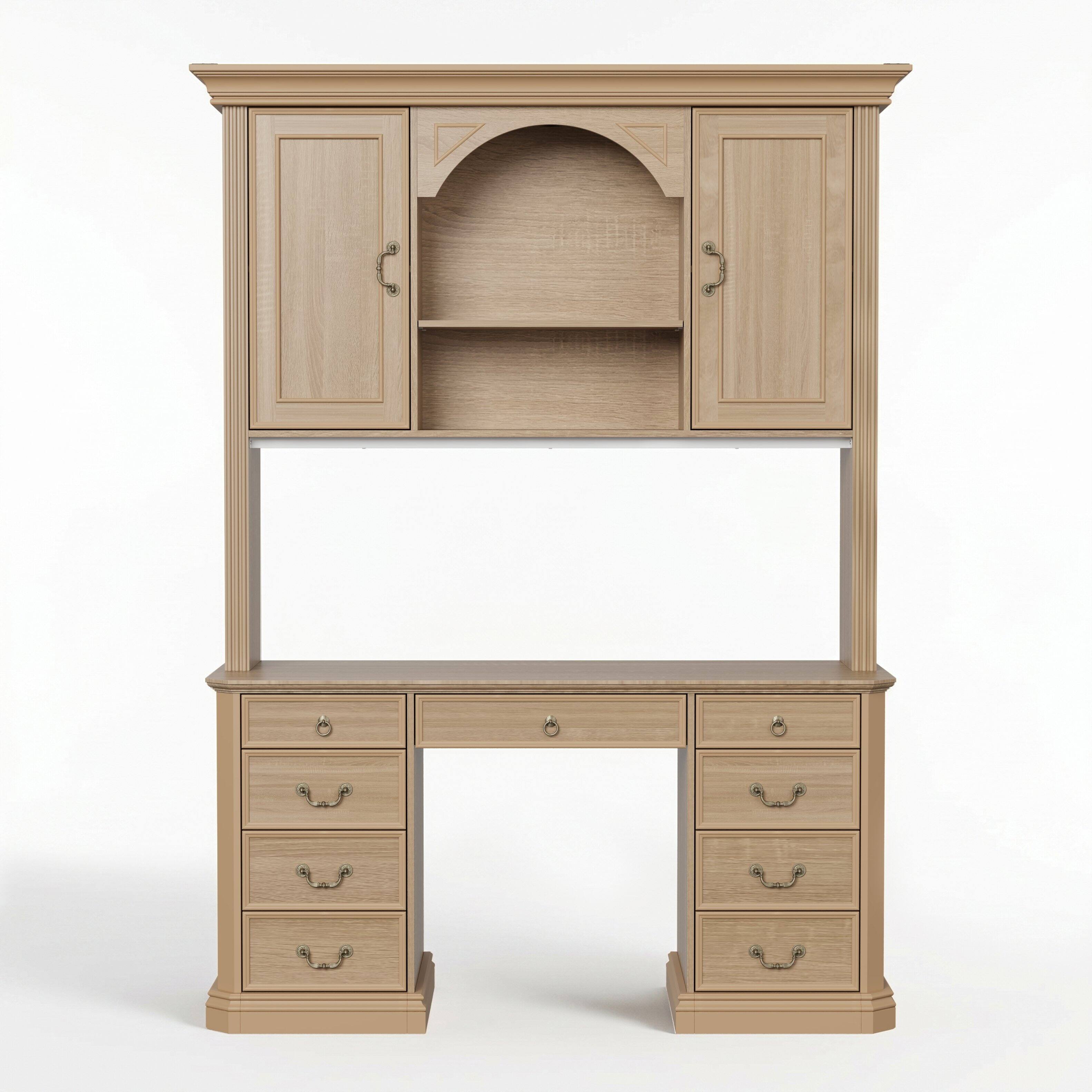 Alt View 9. Famapy - Bookcase Desk with Hutch & Drawers, Large Computer Desk with Arched Shelves for Home Library Student Writing Station - Light Wooden.