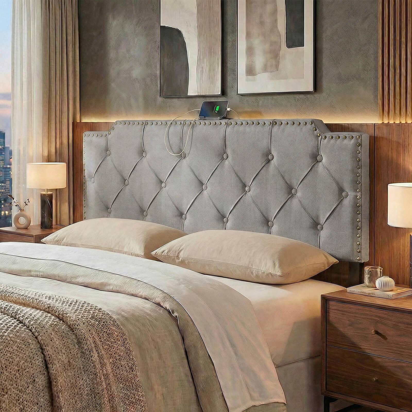Alt View 1. Costway - Costway Headboard for Queen and Full Size Bed, Rivet Tufted Upholstered Head Board - Gray.