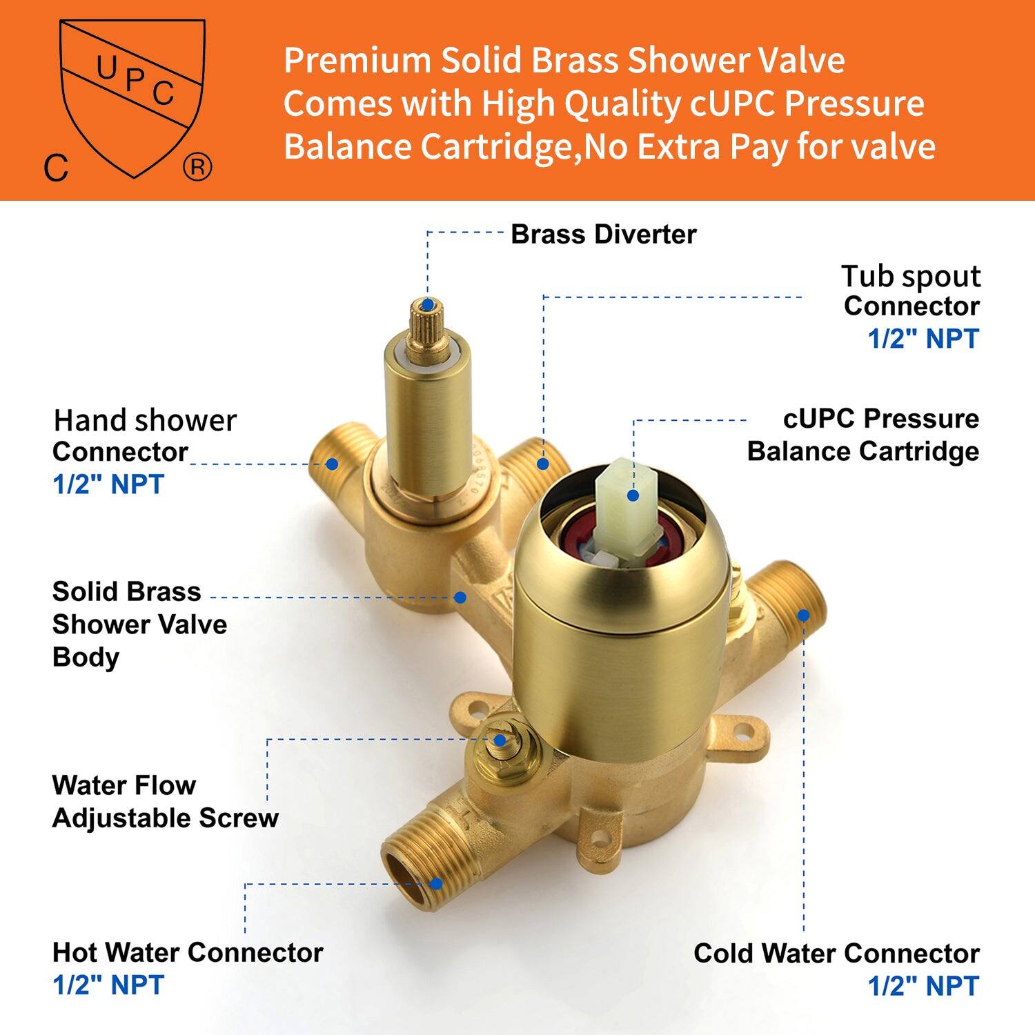Premium Solid Brass Shower Valve  
Comes with High Quality cUPC Pressure Balance Cartridge, No Extra Pay for valve  

- Solid Brass Shower Valve Body  
- Water Flow Adjustable Screw  
- Hot Water Connector 1/2" NPT  
- Cold Water Connector 1/2" NPT  
- Hand shower Connector 1/2" NPT  
- Tub spout Connector 1/2" NPT  
- Brass Diverter  
- cUPC Pressure Balance Cartridge