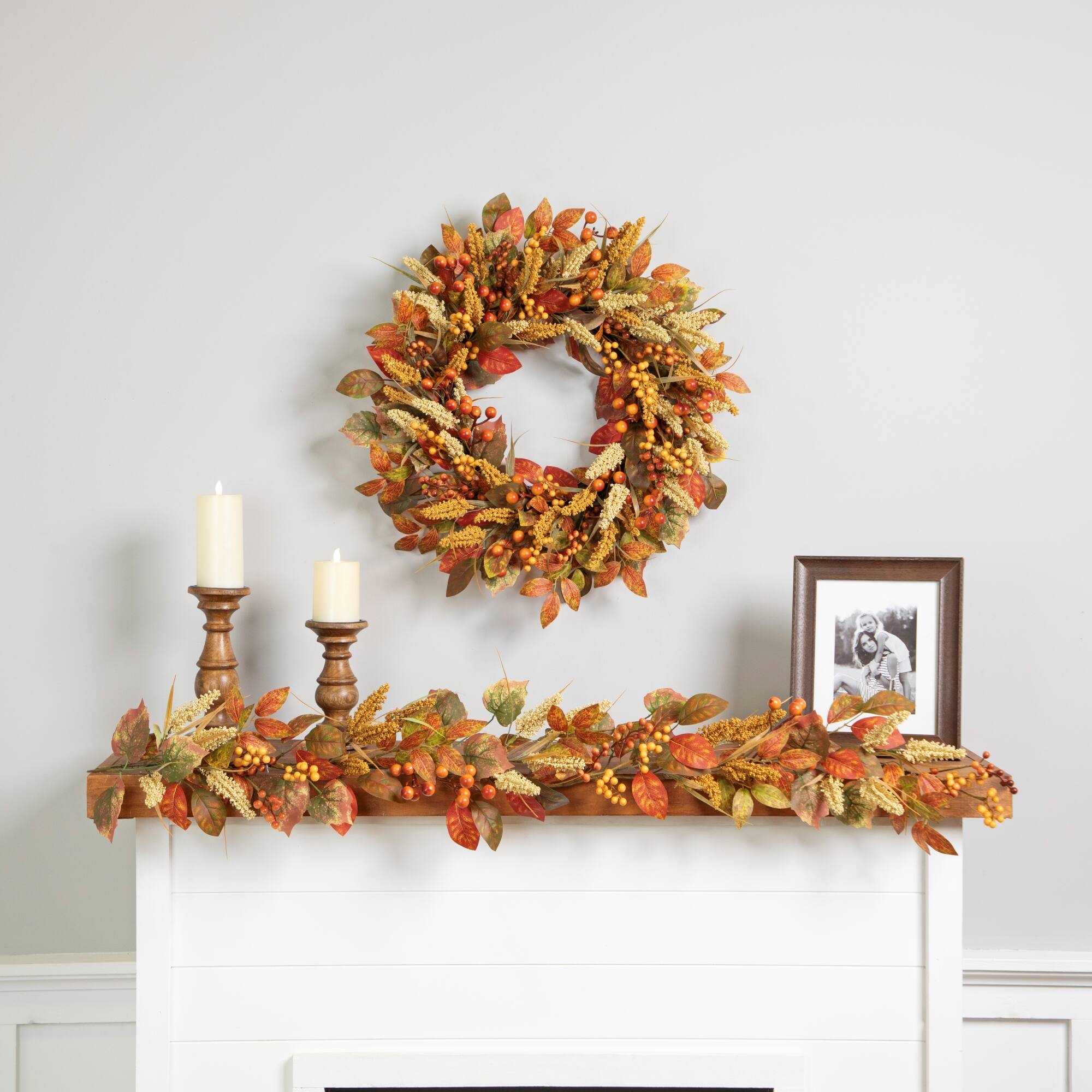 Alt View 3. Northlight - Autumn Leaves, Grass Blades and Berries Artificial Fall Harvest Wreath - 24" - Orange.