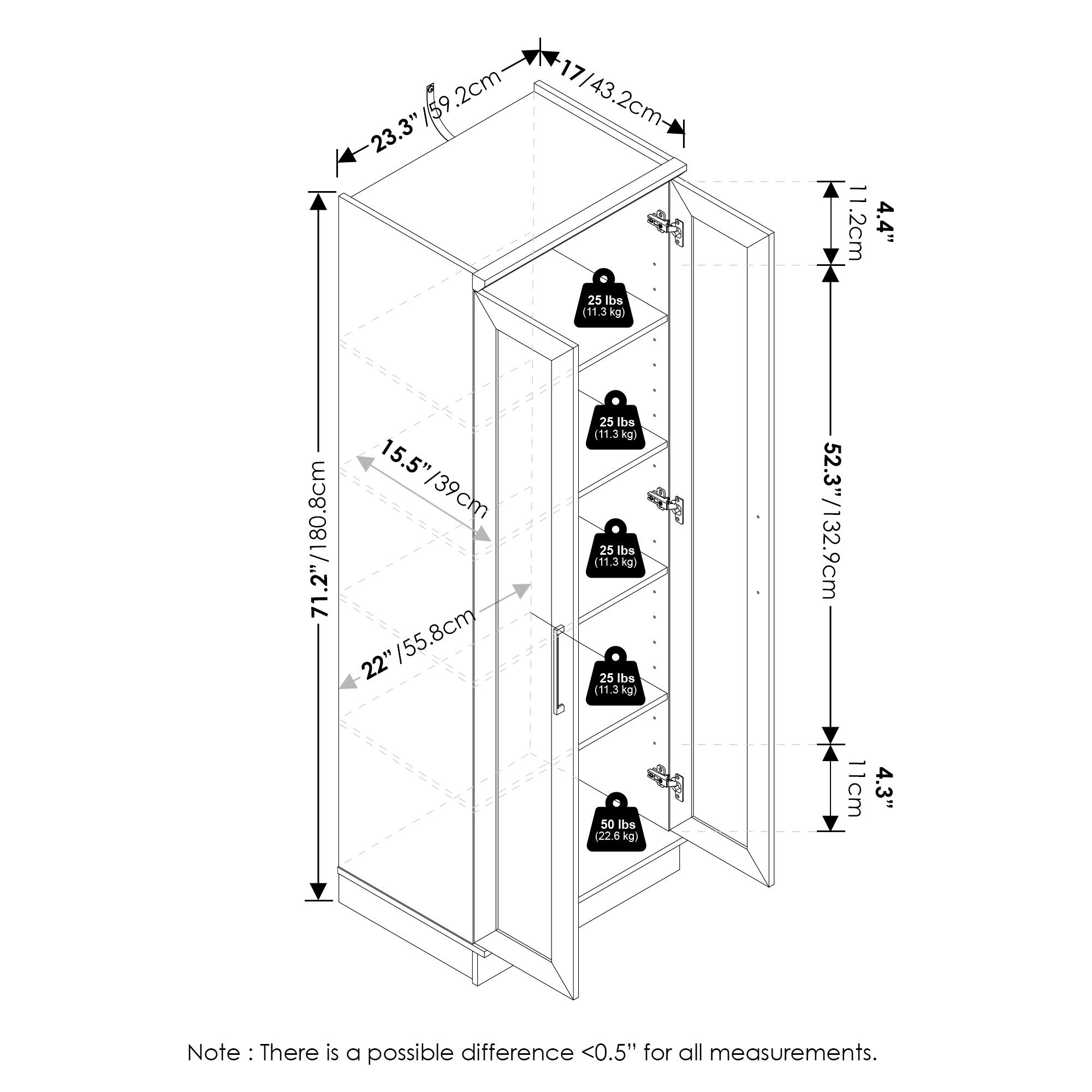 - Height: 71.2" / 180.8 cm
- Width: 23.3" / 59.2 cm
- Depth: 17" / 43.2 cm
- Shelf Height: 15.5" / 39 cm
- Shelf Depth: 22" / 55.8 cm
- Shelf Spacing: 11.2 cm / 4.4"
- Total Weight Capacity: 50 lbs / 22.6 kg
- Shelf Weight Capacity: 25 lbs / 11.3 kg
- Note: There is a possible difference <0.5" for all measurements.