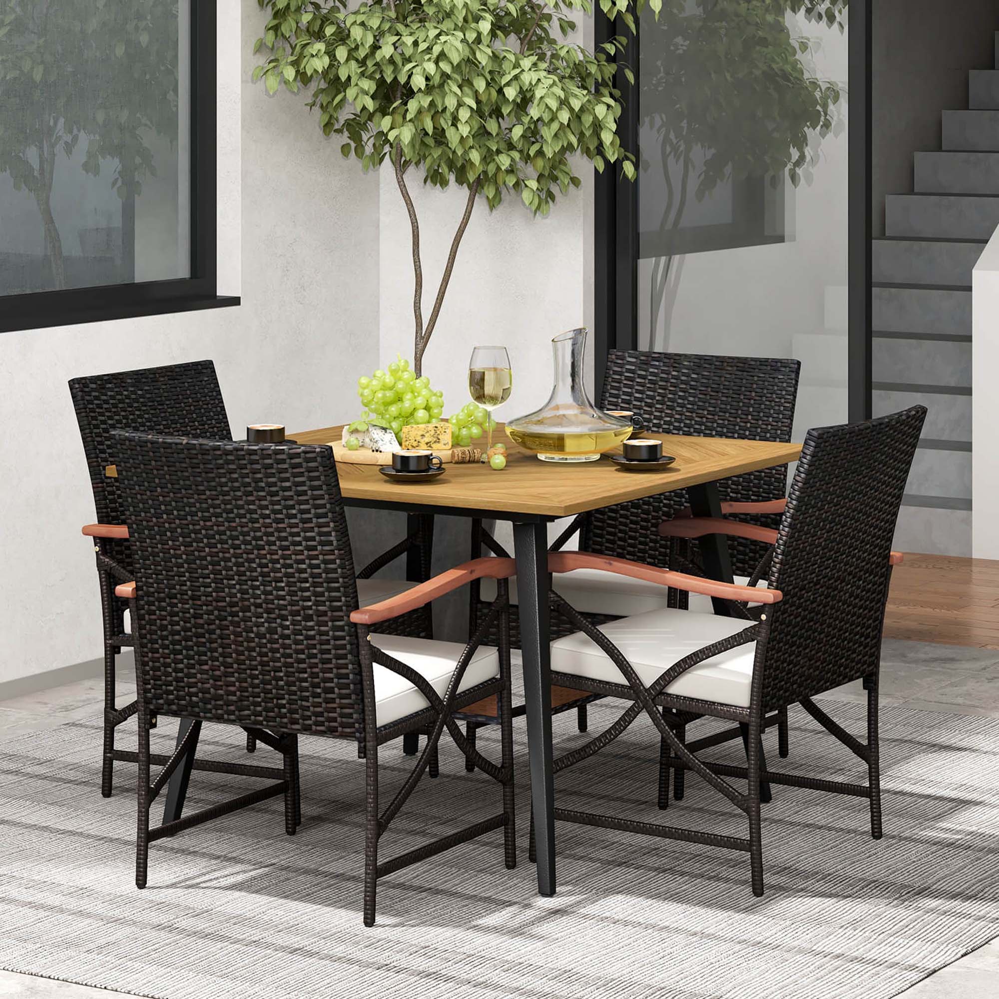 Alt View 5. Costway - 5 PCS Patio PE Wicker Dining Set Table and Chairs with Cushions 1.9" Umbrella Hole - Mix Brown + Off White.