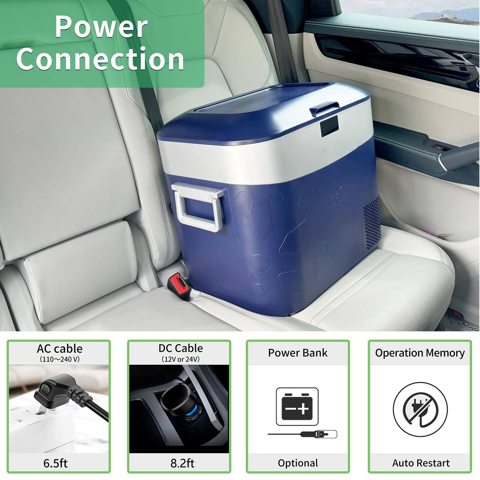 Power Connection

- AC Cable (110~240 V) - 6.5ft
- DC Cable (12V or 24V) - 8.2ft
- Power Bank - Optional
- Operation Memory - Auto Restart