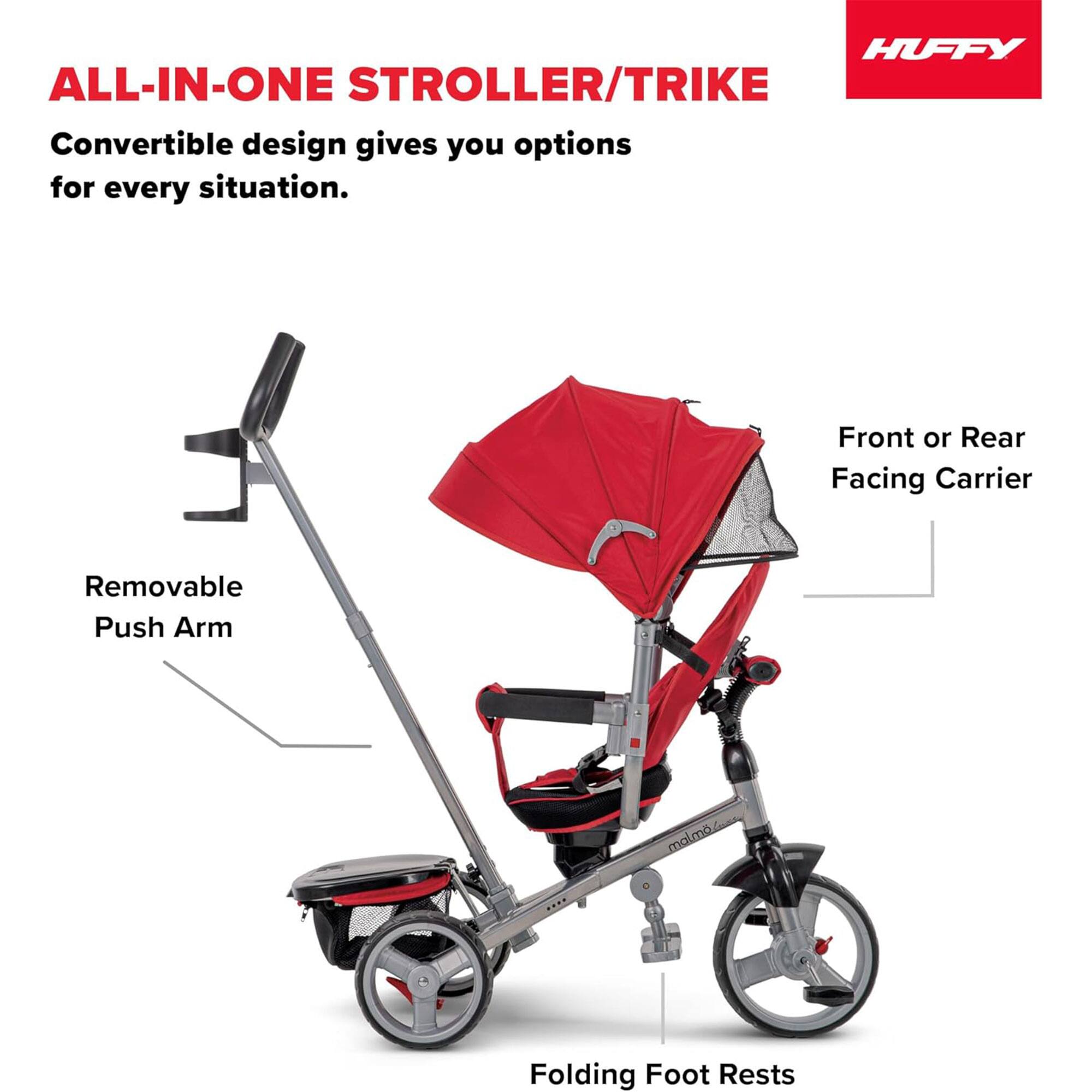 Huffy All-In-One Stroller/Trike

Convertible design gives you options for every situation.

- Front or Rear Facing Carrier
- Removable Push Arm
- Folding Foot Rests