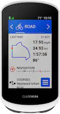 The text on the image reads: "71 10:10 ROAD > LAST RIDE 21 OCT 17.95 mph 34.93 mi 1:57:58 86 NAVIGATION W N COURSES Westward Urban 45 mi GARMIN."