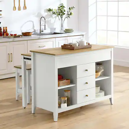 Front. Modway - Farmstead 3-Piece Kitchen Island and Stool Set by Modway - Oak White.