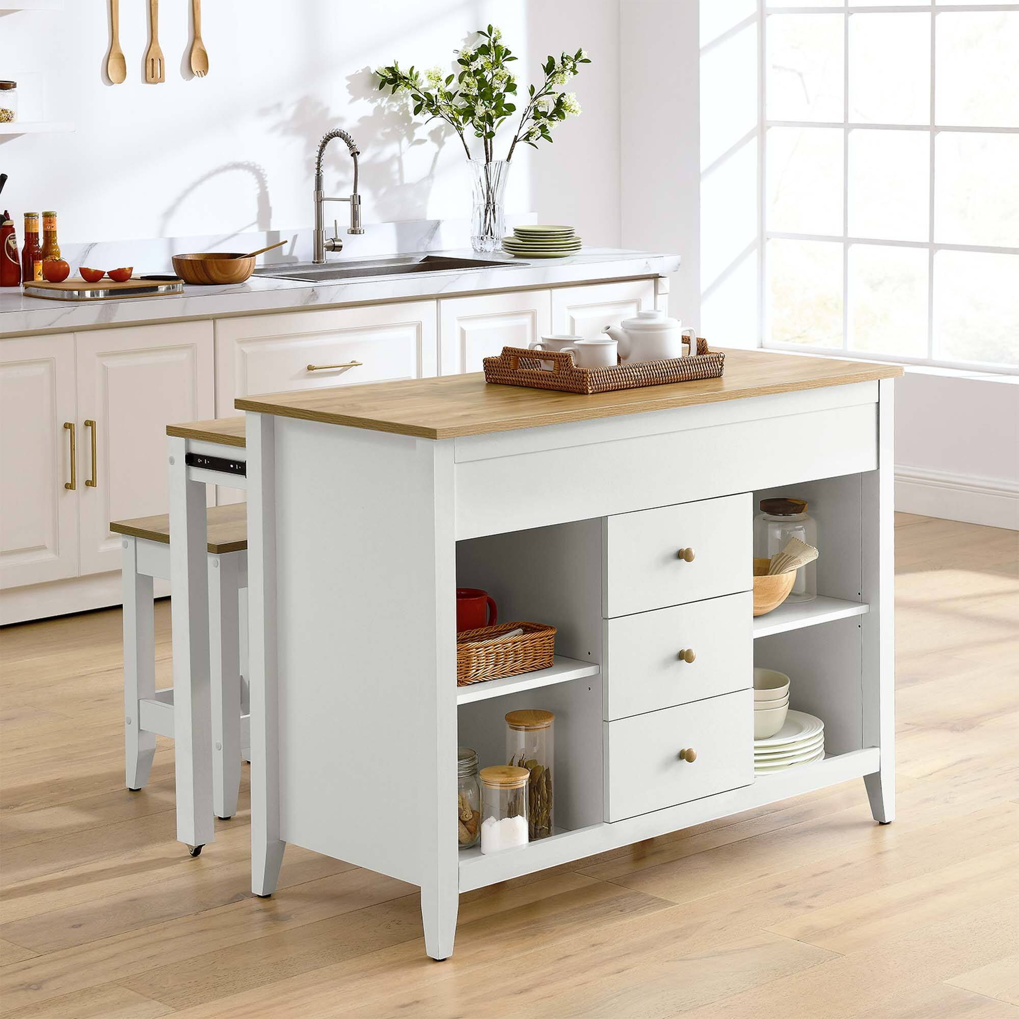 Farmstead 3-Piece Kitchen Island and Stool Set by Modway - Oak White