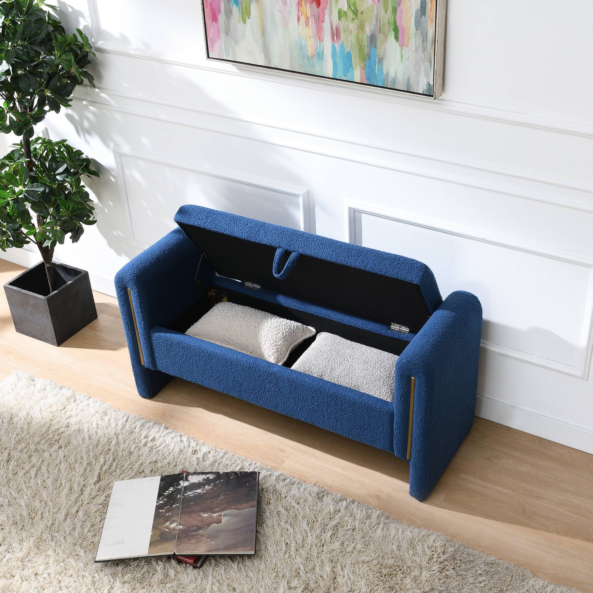Left. GOODSILO - Modern Upholstered Storage Bench with Arms, Large Foot Rest Stool for Living Room and Bedroom - Navy Blue.