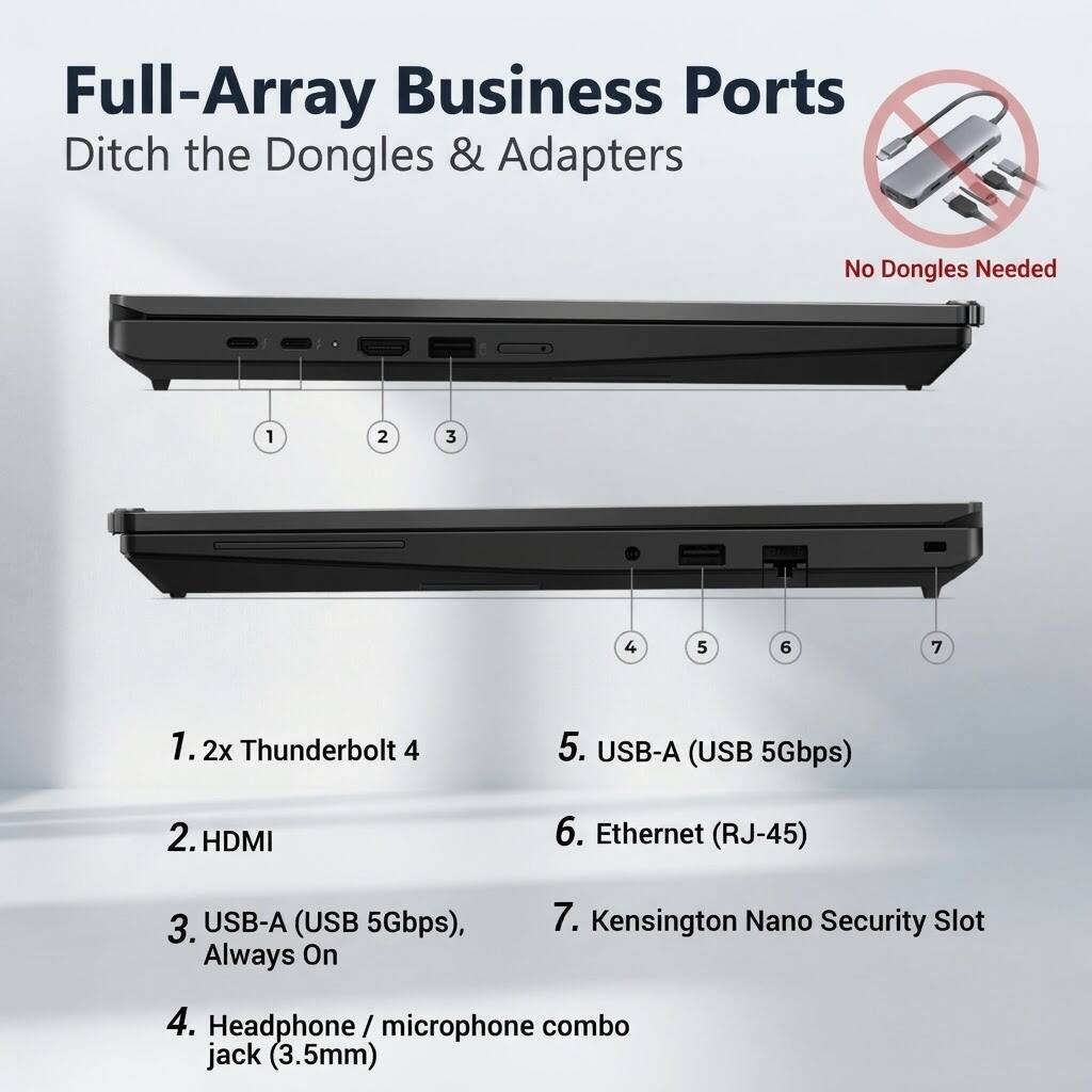 Full-Array Business Ports  
Ditch the Dongles & Adapters  
No Dongles Needed  

1. 2x Thunderbolt 4  
2. HDMI  
3. USB-A (USB 5Gbps), Always On  
4. Headphone/ microphone combo jack (3.5mm)  
5. USB-A (USB 5Gbps)  
6. Ethernet (RJ-45)  
7. Kensington Nano Security Slot