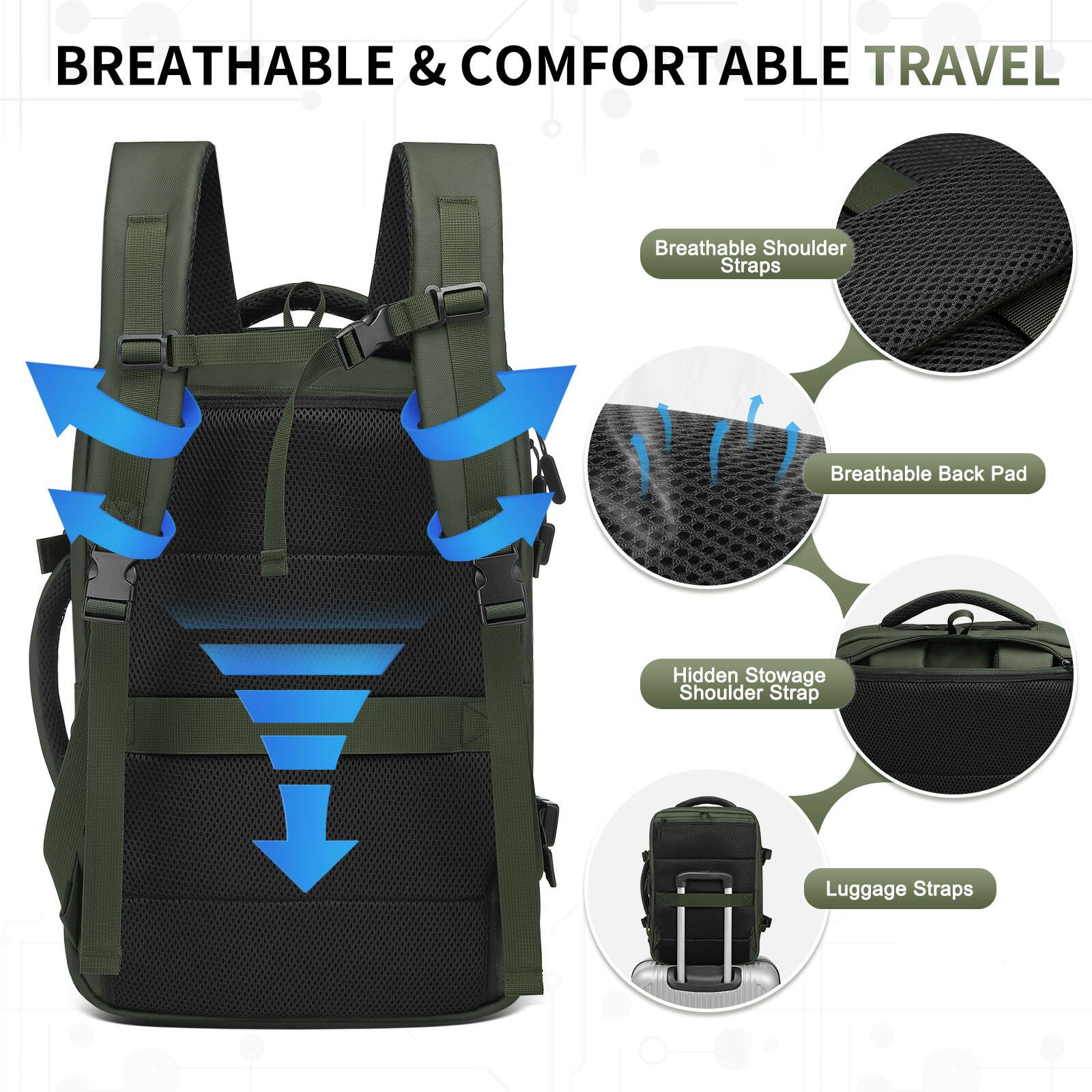 BREATHABLE & COMFORTABLE TRAVEL

- Breathable Shoulder Straps
- Breathable Back Pad
- Hidden Stowage Shoulder Strap
- Luggage Straps