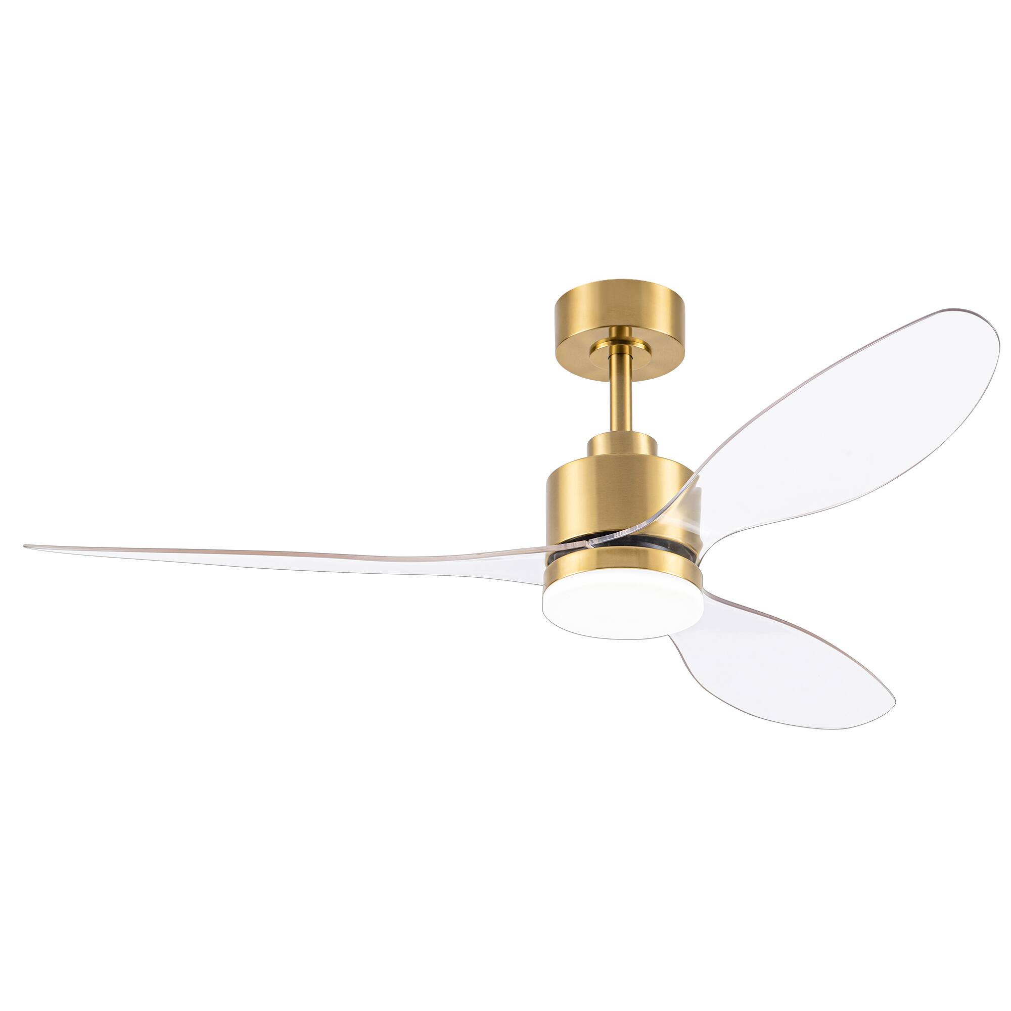 Angle. Breezary - 52" Indoor Ceiling Fan, 3 ABS Blades, 6-Speed DC Motor, Remote Control, Memory/Timer, 3-Color LED Light, 5"/10" Downrods - Gold with Clear.