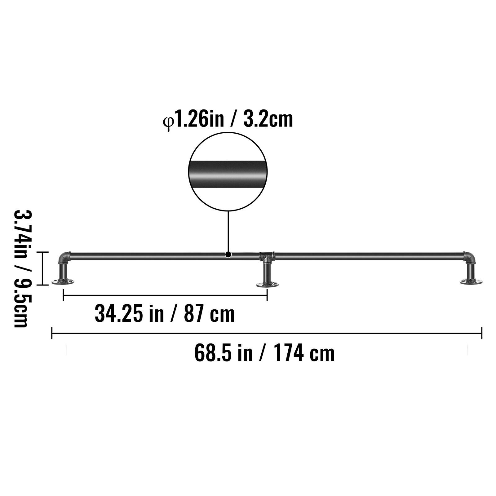 1.26 in / 3.2 cm, 3.74 in / 9.5 cm, 34.25 in / 87 cm, 68.5 in / 174 cm