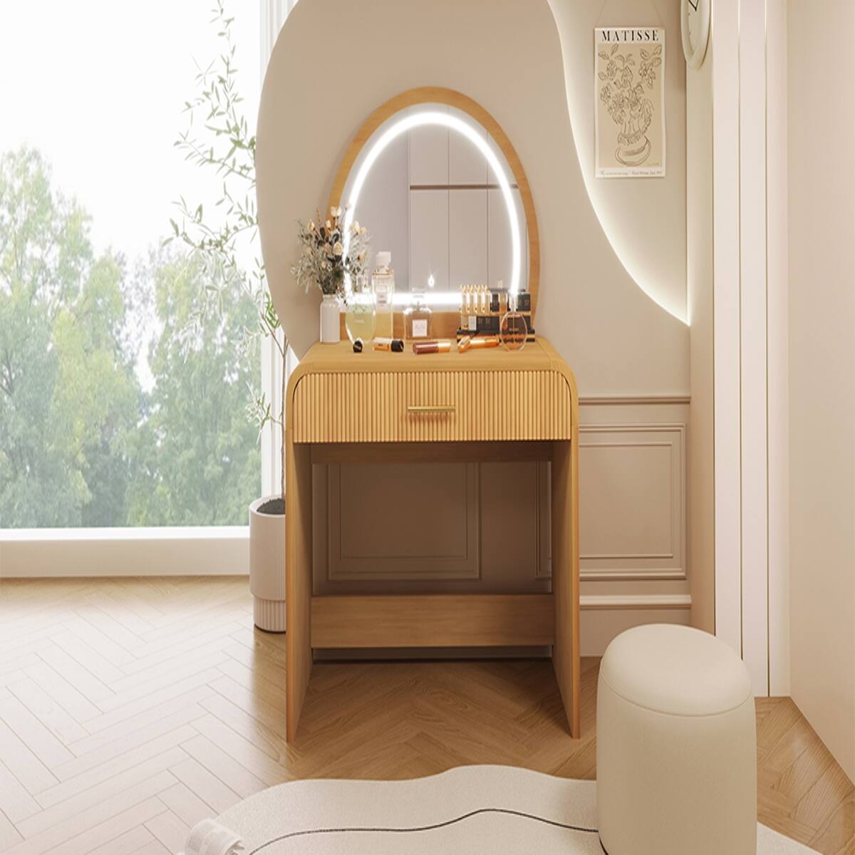 Alt View 7. Loheer - Loheer 39 Inch Makeup Vanity Table with Lighted Touch Screen Mirror, Drawer, Natural Rubberwood - Natural.