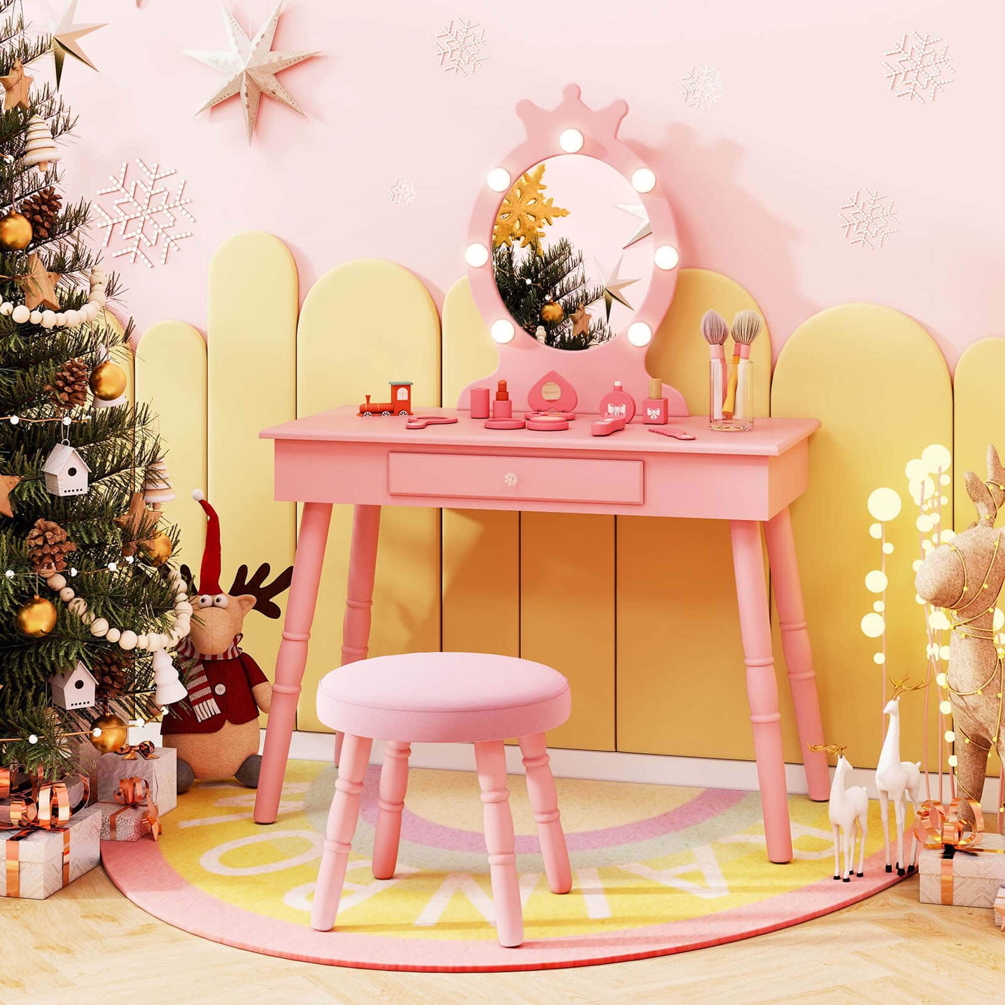 Costway - Kids Vanity Set Princess Vanity Table & Chair Set with Lighted Mirror - Pink