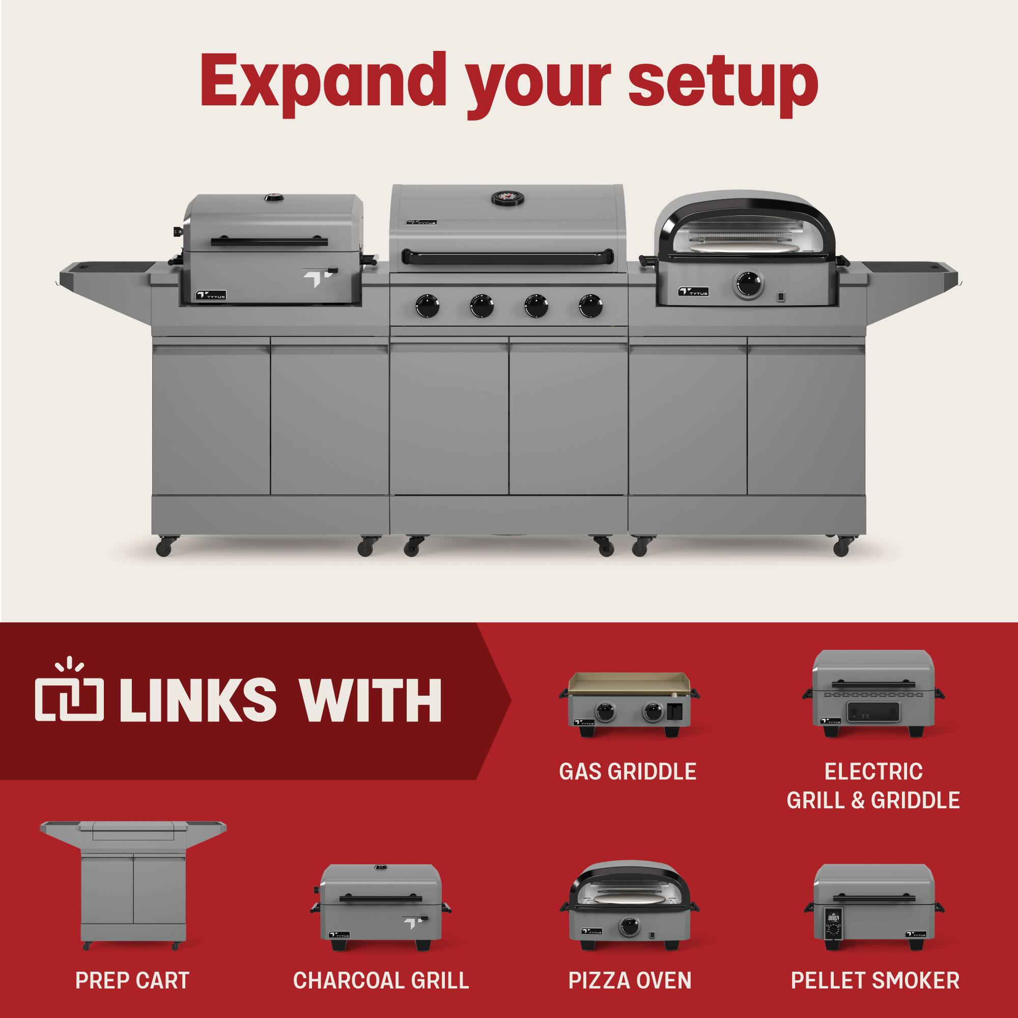 Expand your setup with LINKS WITH GAS GRIDDLE & ELECTRIC GRILL - a PREP CART, CHARCOAL GRILL, PIZZA OVEN, PELLET SMOKER