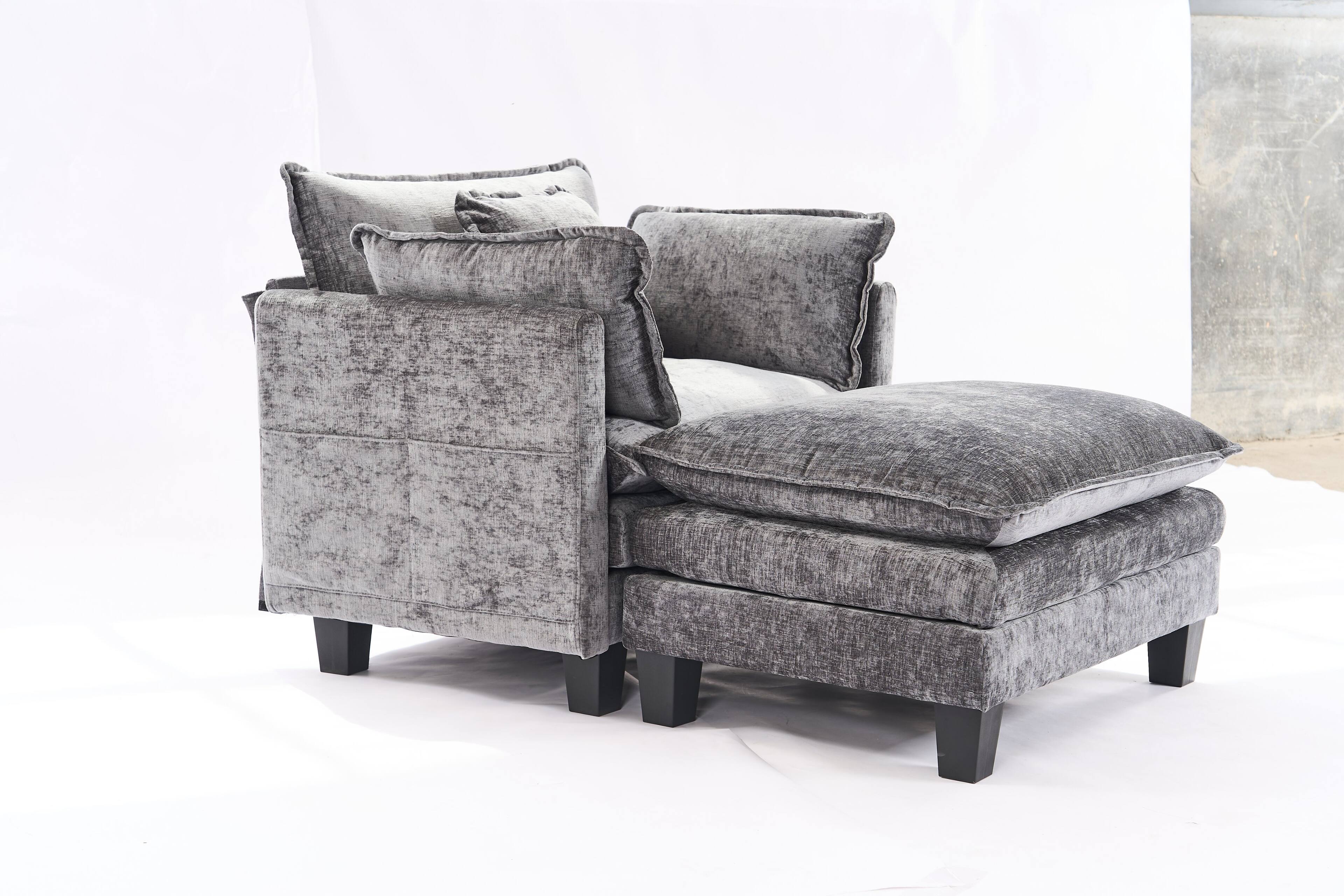 Angle. JUJABU - Gray Chenille Modular Single Sofa with Ottoman and Pillow for Living Room - Gray.