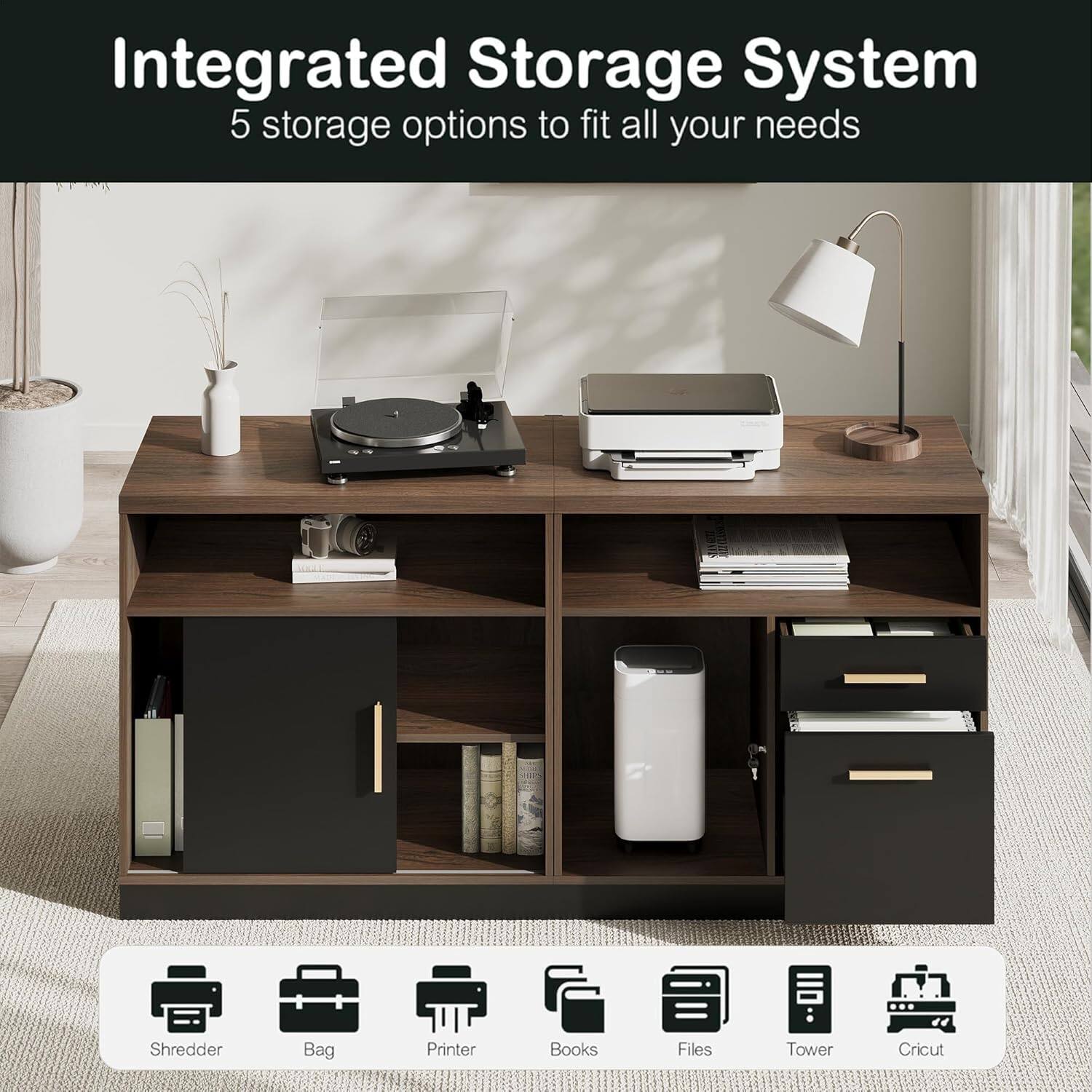 Integrated Storage System  
5 storage options to fit all your needs  

- Shredder  
- Bag  
- Printer  
- Books  
- Files  
- Tower  
- Cricut