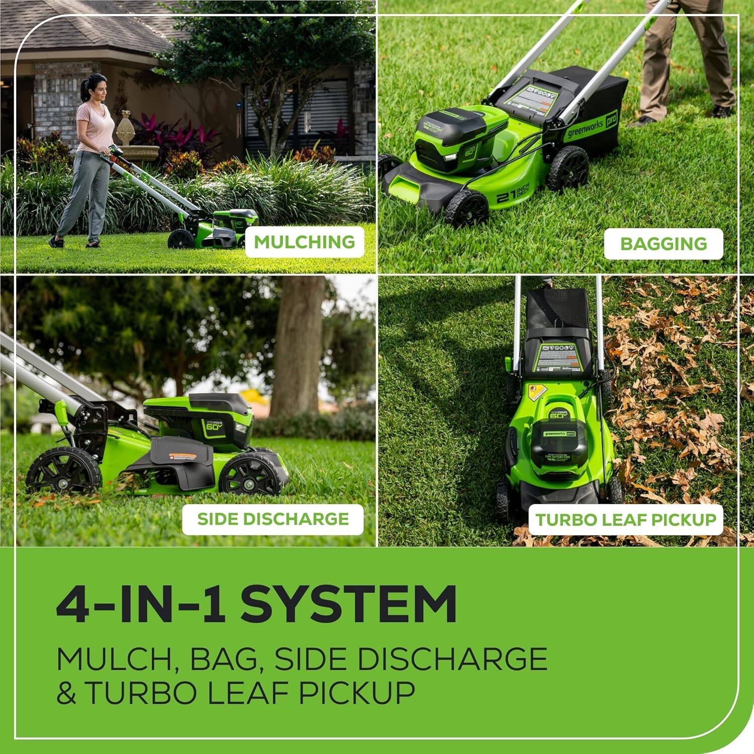 Greenworks 21" Mulching Bagging Side Discharge Turbo Leaf Pickup 4-in-1 System