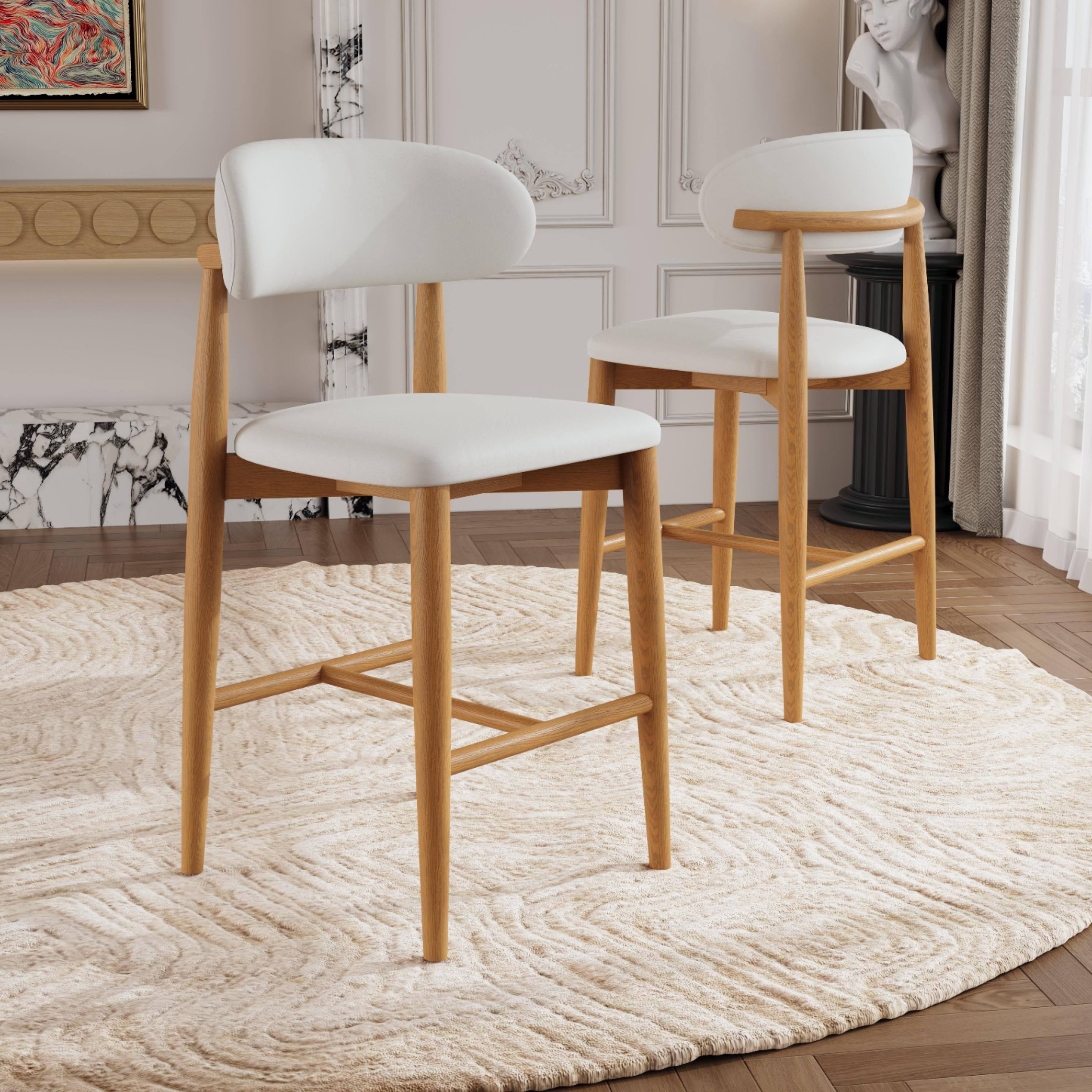 Back. POVISON - 24" Modern Upholstered Counter Height Bar Stools Set of 2, Counter Stools for Breakfast Nook, Beige & Golden - Beige & Light Walnut PU Leather.