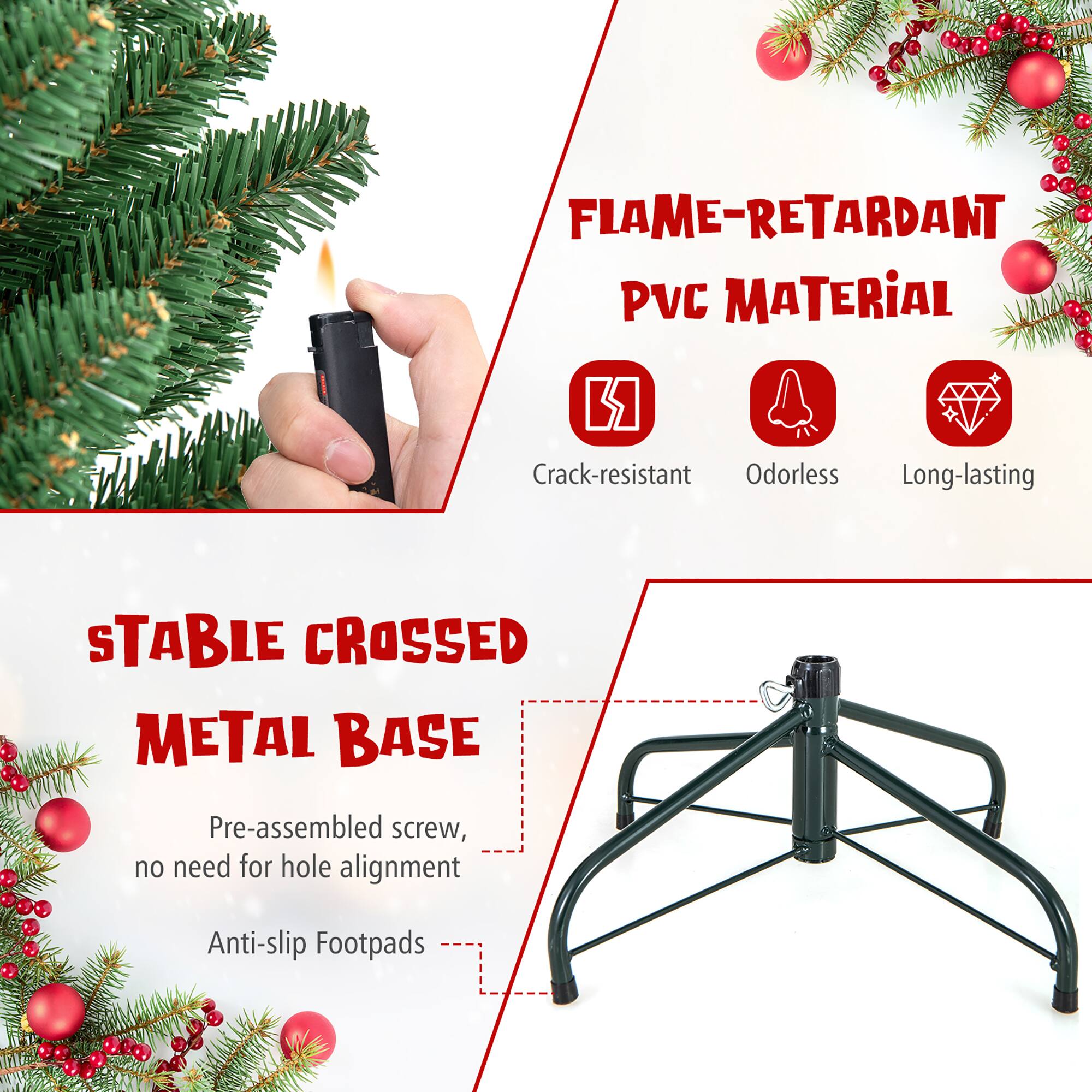 FLAME-RETARDANT PVC MATERIAL  
- Crack-resistant  
- Odorless  
- Long-lasting  

STABLE CROSSED METAL BASE  
- Pre-assembled screw, no need for hole alignment  
- Anti-slip Footpads