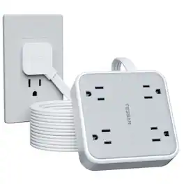 TESSAN - 5 Ft Extension Cord Flat Plug, Surge Protector Power Strip with 4 Outlets,4 rubber Mat,Grey - Gray