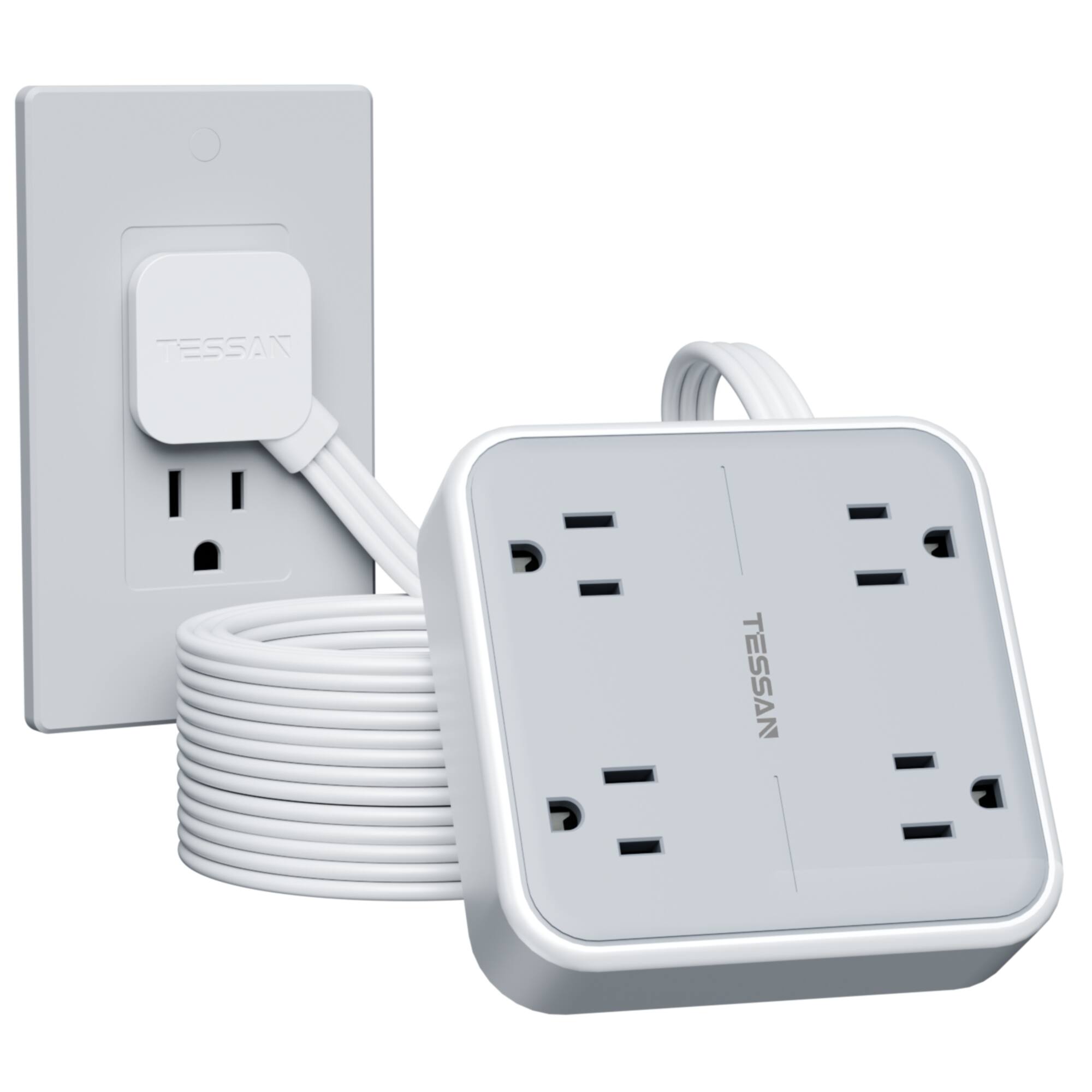 TESSAN - 5 Ft Extension Cord Flat Plug, Surge Protector Power Strip with 4 Outlets,4 rubber Mat,Grey - Gray