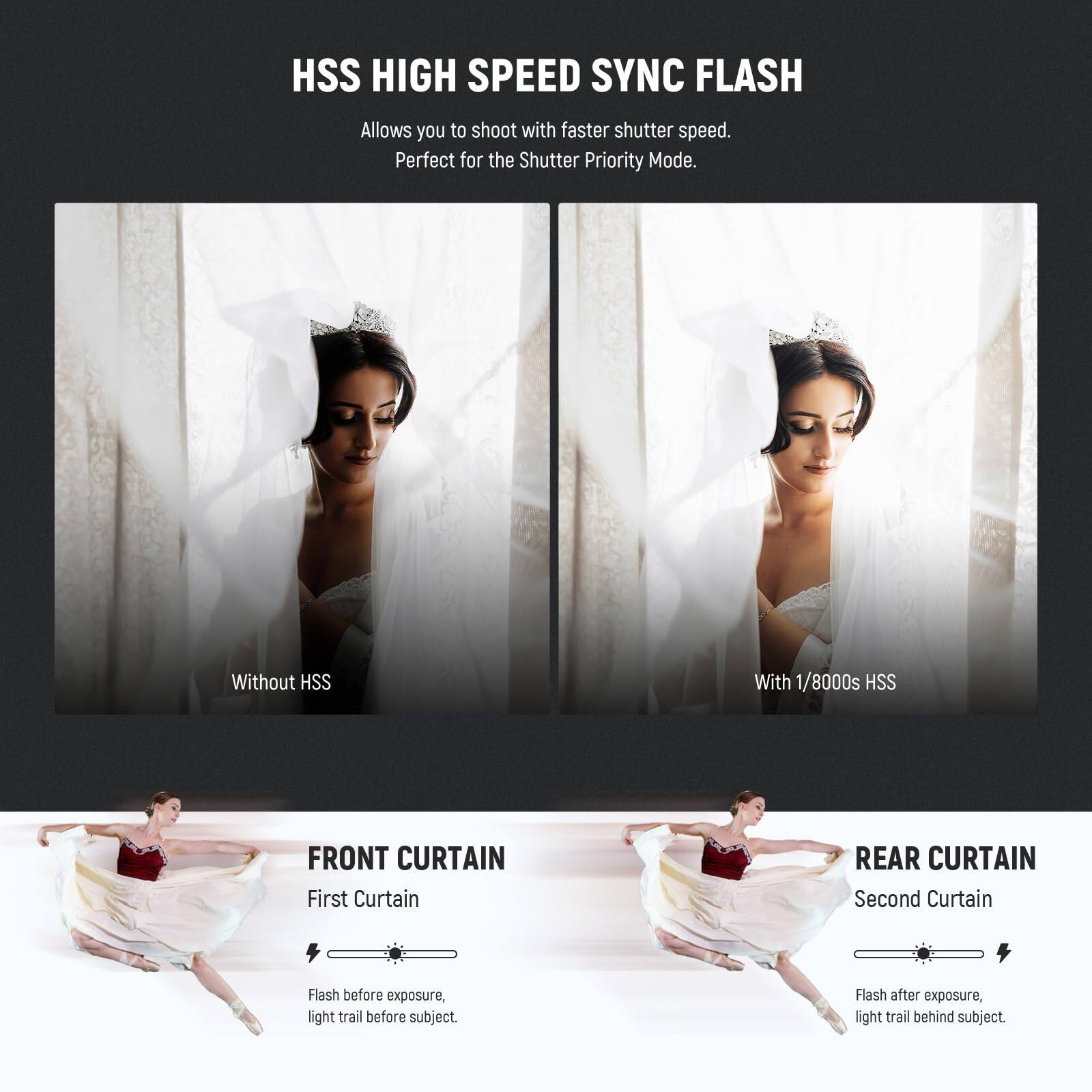 HSS HIGH SPEED SYNC FLASH  
Allows you to shoot with faster shutter speed. Perfect for the Shutter Priority Mode.  

Without HSS  
With 1/8000s HSS  

FRONT CURTAIN  
First Curtain  
Flash before exposure, light trail before subject.  

REAR CURTAIN  
Second Curtain  
Flash after exposure, light trail behind subject.