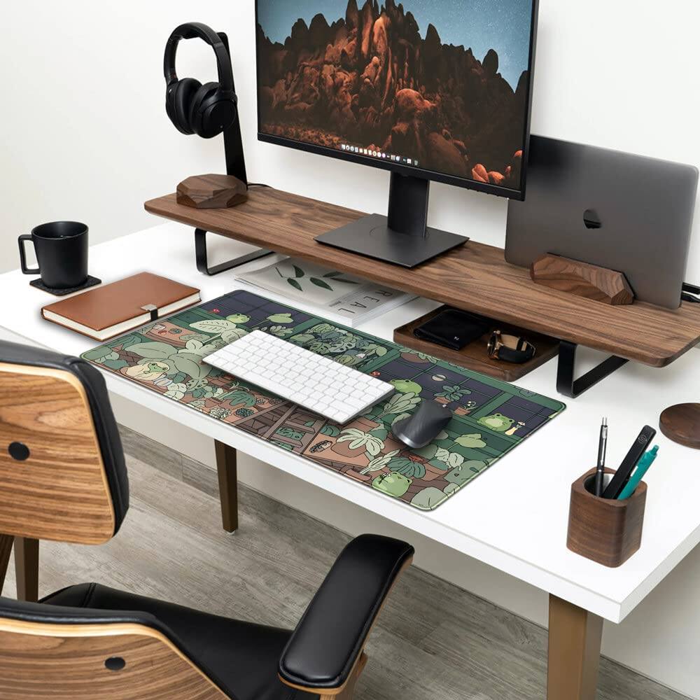 Back. Earthley Blooms - Cute Frog Green Desk Decor Mat Large Gaming Mouse Pad For Computer Laptop Home Office Accessories Girl - Dark Plants.