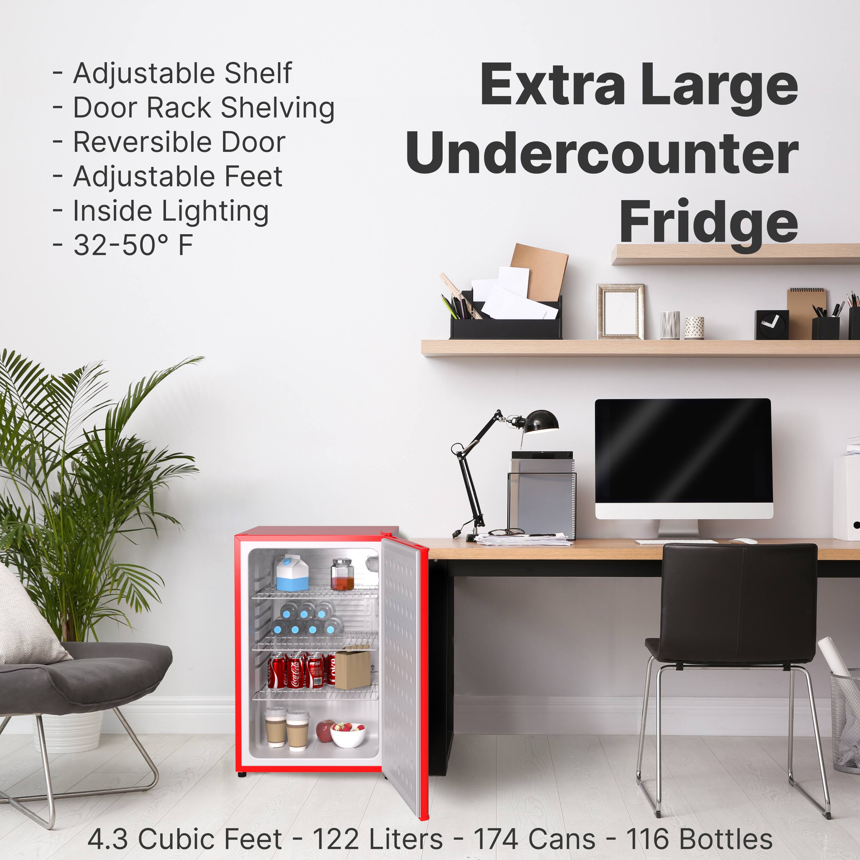 - Adjustable Shelf
- Door Rack Shelving
- Reversible Door
- Adjustable Feet
- Inside Lighting
- 32-50°F

Extra Large Undercounter Fridge

4.3 Cubic Feet - 122 Liters - 174 Cans - 116 Bottles