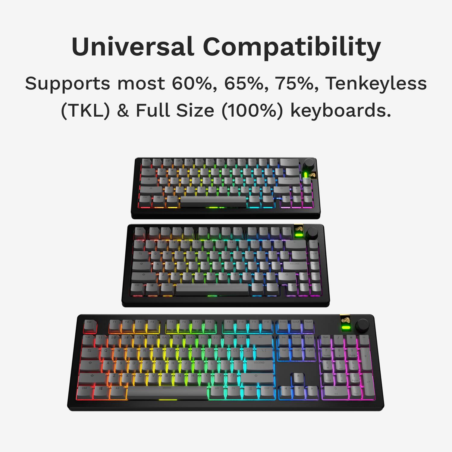 Universal Compatibility: Supports most 60%, 65%, 75%, Tenkeyless (TKL) & Full Size (100%) keyboards.