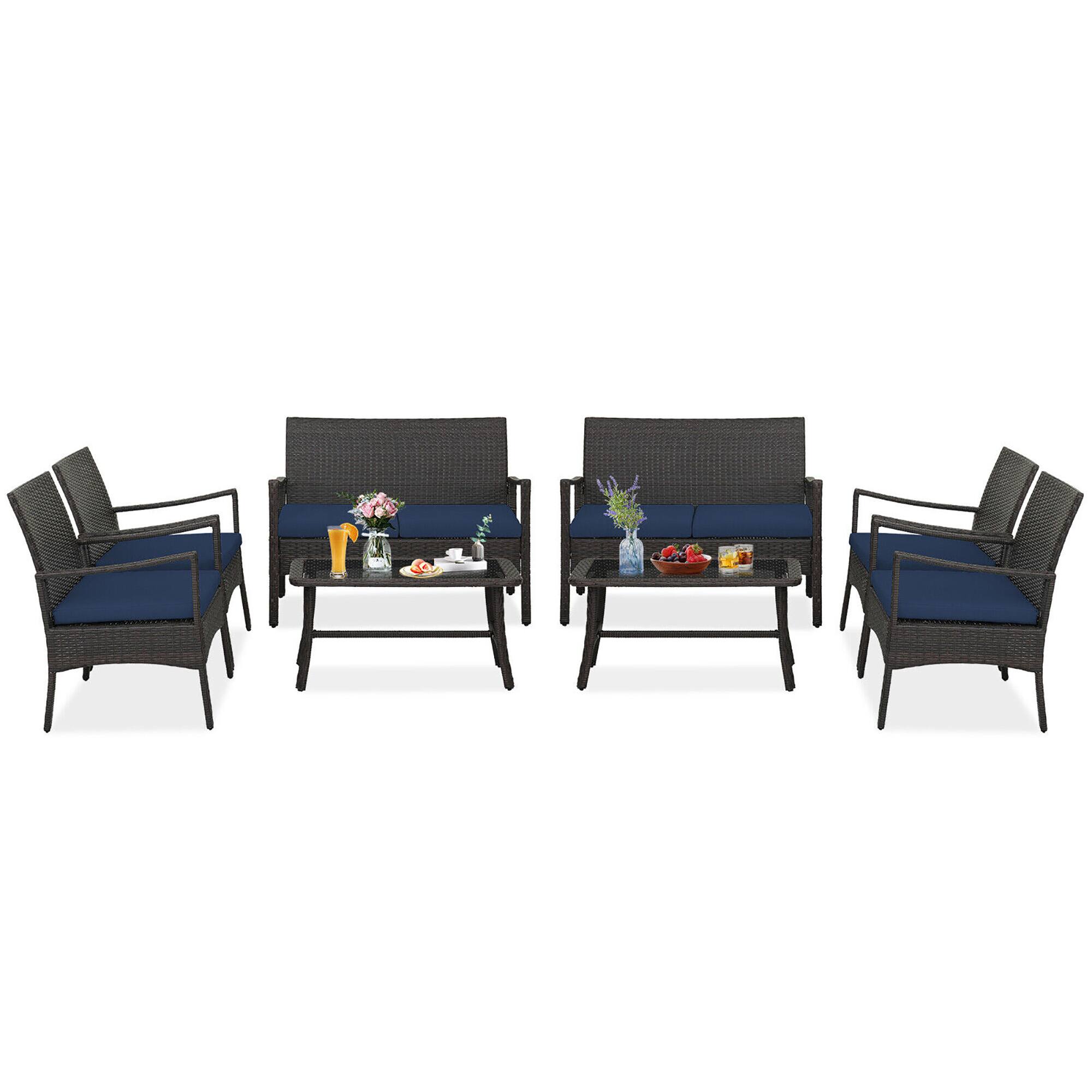 Alt View 3. Gymax - Gymax 8 Pieces Outdoor Patio PE Wicker Sofa w/ Tempered Glass Coffee Table for Porch & Backyard - Mix Brown, Navy Blue.