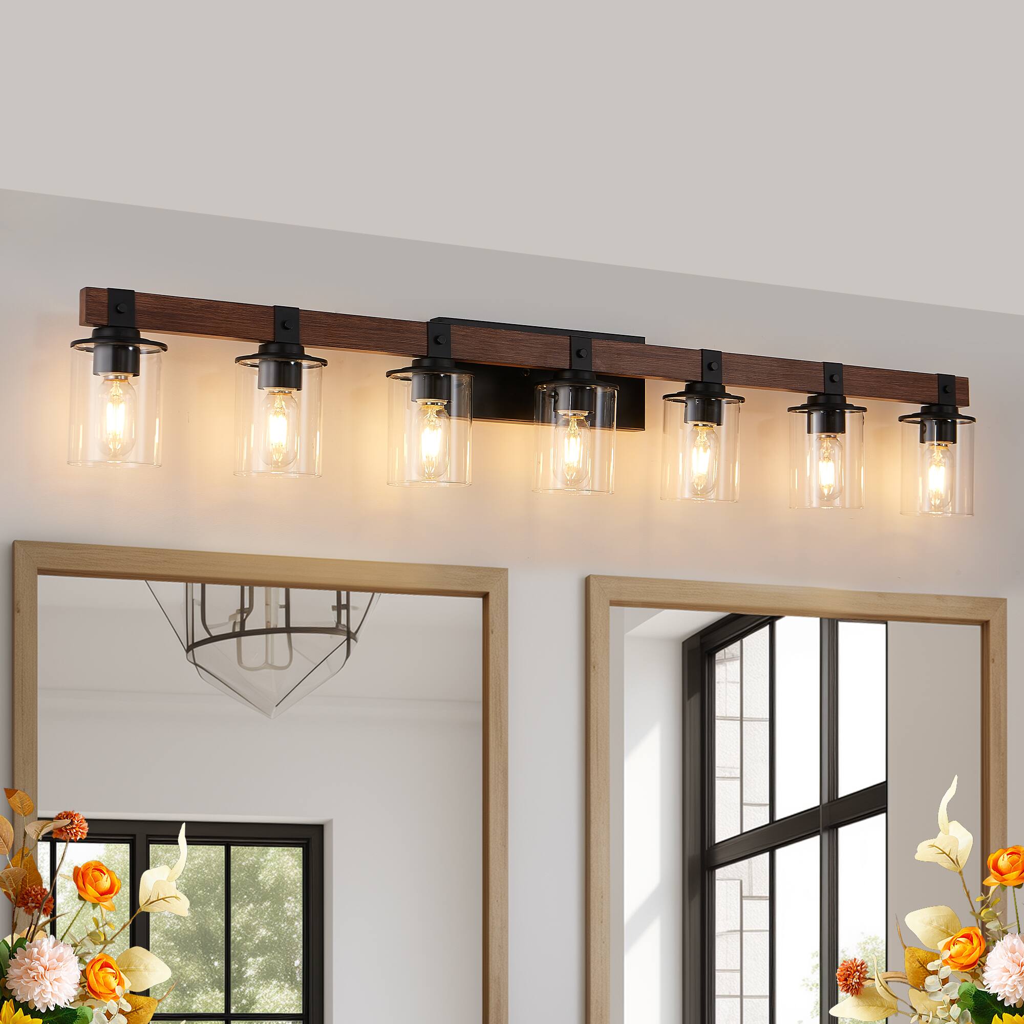 Front. APRILSOUL - 50 Inch Rustic 7-Light Vanity Light Industrial Bathroom Wall Sconce with Glass Shades and Wood Accent No Bulbs.
