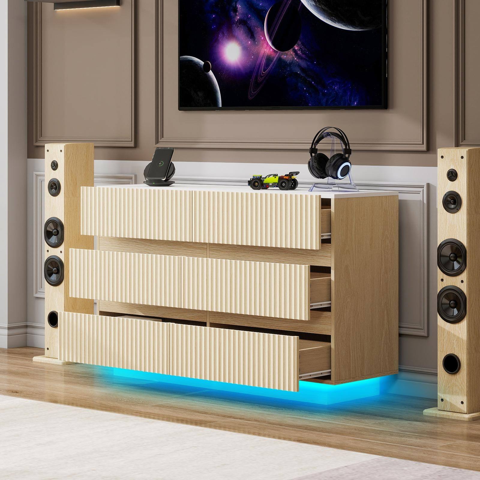 Alt View 4. Spaco - Spaco 47.24" Fluted Modern 6-Drawer Dresser, Double Dresser with LED, for Bedroom, Living Room, Hallway - Natural.