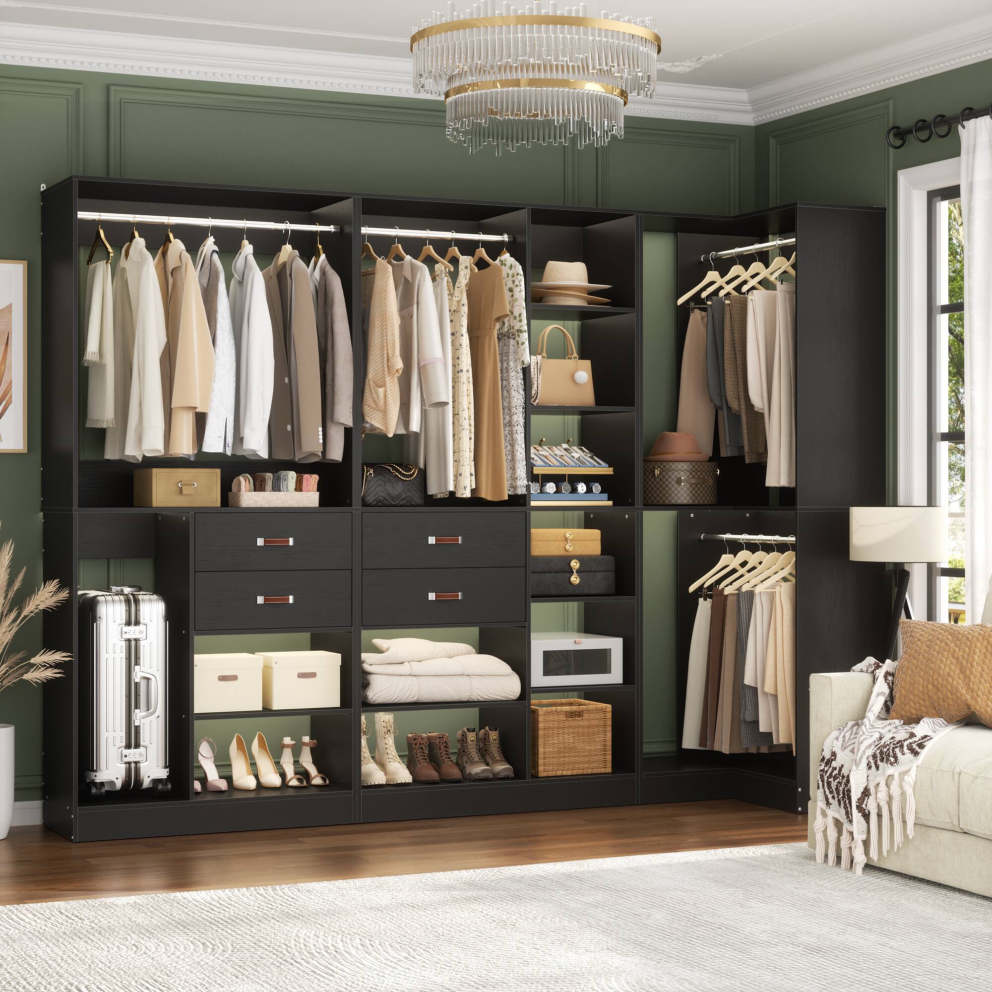 Front. Aheaplus - 71'' - 110'' W Closet System with Wooden Drawers, Hanging Rods and Adjustable Shelves - Black.