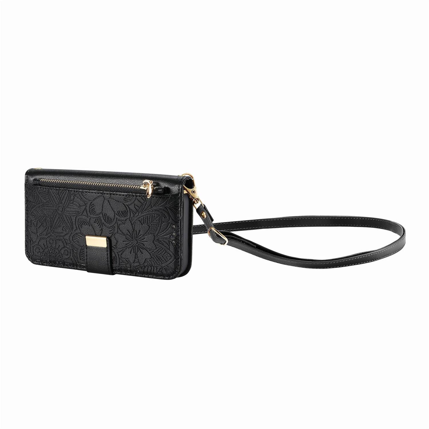 Alt View 5. Dteck - Floral Embossed Leather Zipper Cash Slot Wallet Case for Apple iPhone 17 with Detachable Strap - Black.