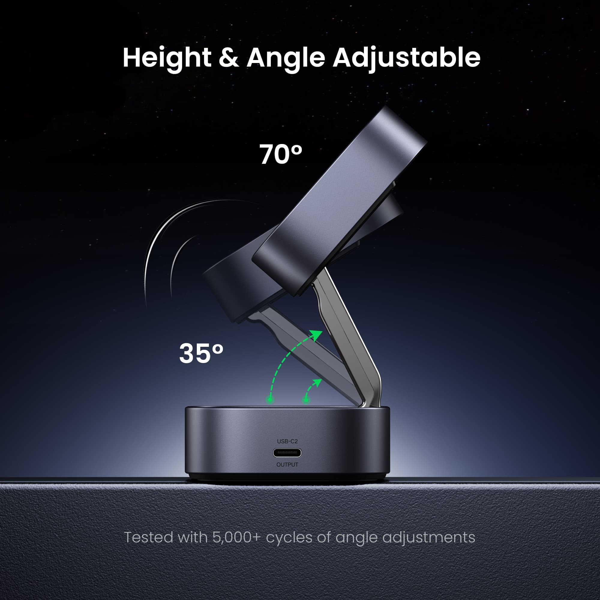 Height & Angle Adjustable 70° & 35° US0-C2 OUTPUT Tested with 5,000+ cycles of angle adjustments.