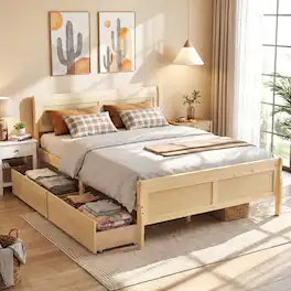 Costway - Queen Size Bed Frame with Storage Drawers, Wood Platform Bed with Headboard Footboard - Natural