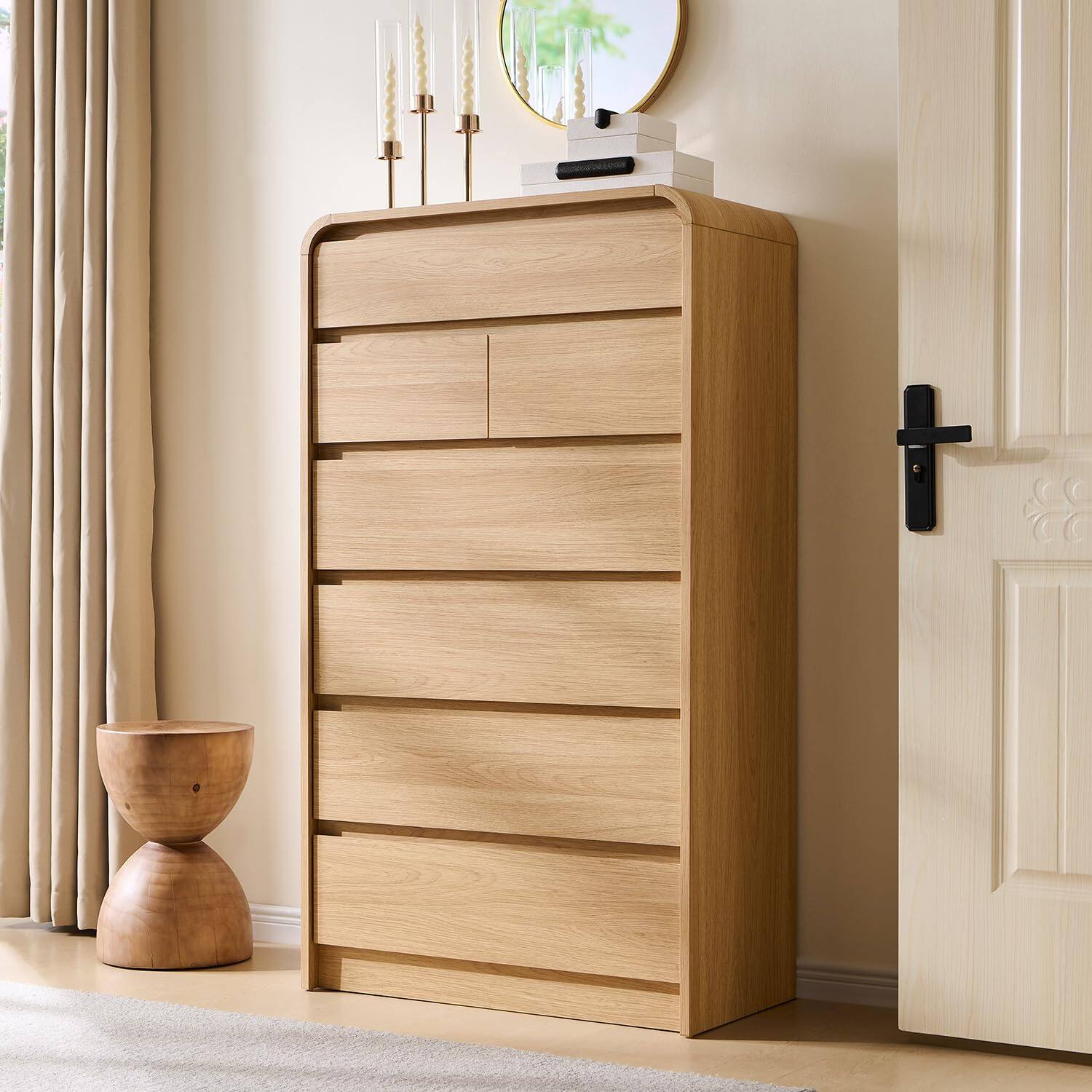 OMOMMD- Farm style tall side cabinet, century bentwood vertical wardrobe, no handles- Natural 15.6"D x 31.5"W x 55.5"H (7 Drawers)