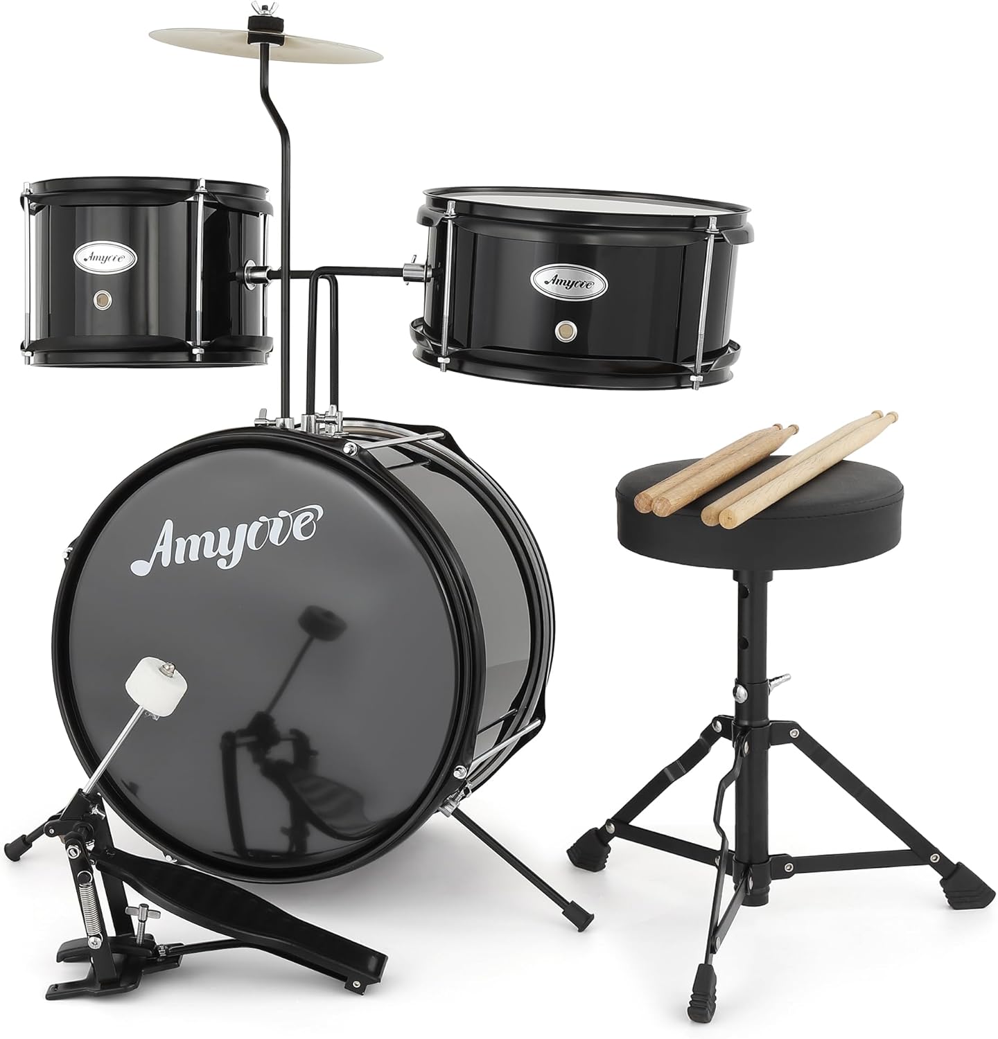 Acekool - 3-Piece Drum Set, Wood & Metal Construction, Includes Bass Drum, 2 Toms, Cymbal, Sticks, Bass Pedal & Stool
