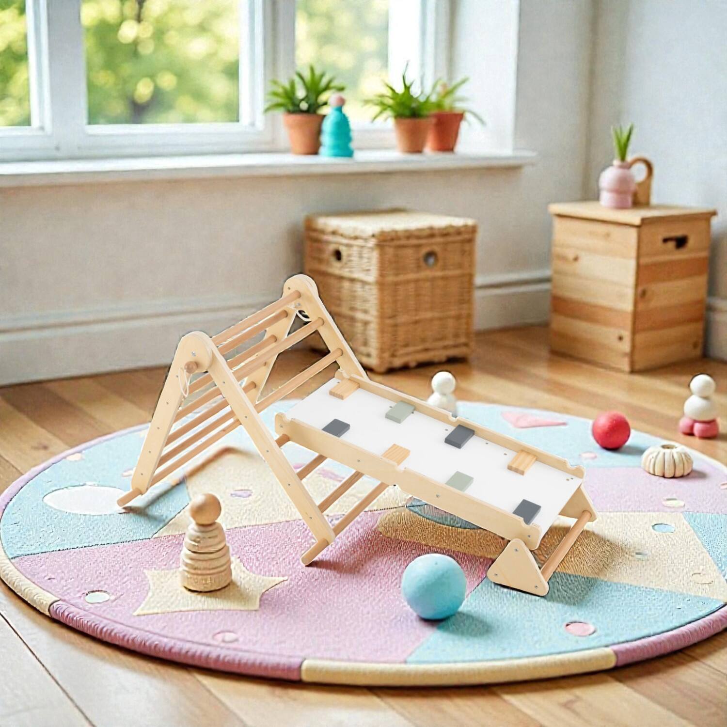 Front. BreeBe - Kids Foldable Pikler Triangle Play Gym with Ramp – 3-in-1 Activity Center - Natural.