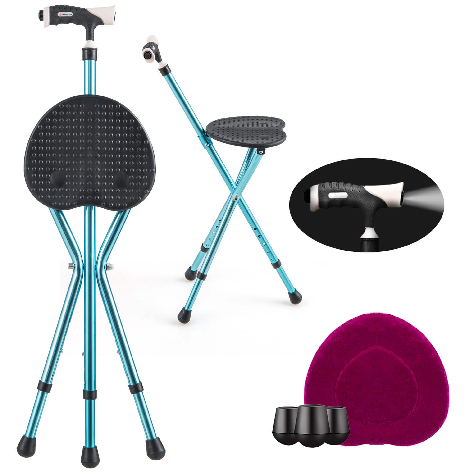 GOPLUS - Adjustable Folding Cane Seat Stool Aluminum Alloy Crutch Chair - Black