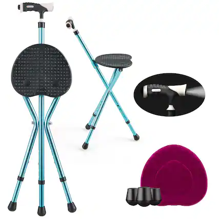 Front. GOPLUS - Goplus Adjustable Folding Cane Seat Stool Aluminum Alloy Crutch Chair - Black.