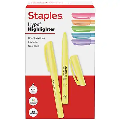 Staples Hype Highlighter
Bright, vivid ink
Low odor
Non-toxic
CHISEL TOP
Staples Hype TV
ASSORTED COLORS
36 MARKERS
