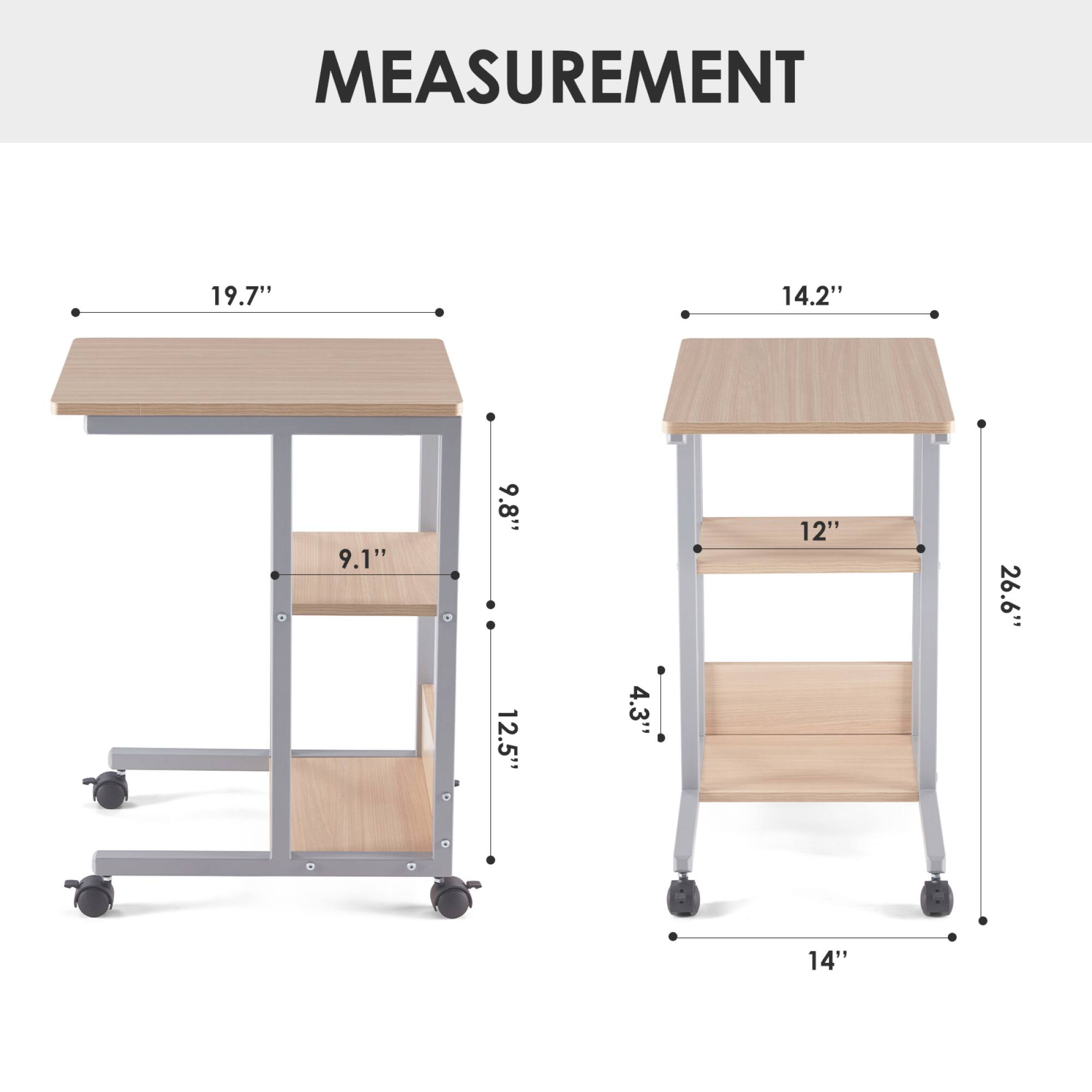 Sure, here are the measurements grouped and corrected:

- **Left Table:**
  - Width: 19.7"
  - Depth: 14.2"
  - Height: 26.6"
  - Shelf 1: 9.1" (from top)
  - Shelf 2: 12.5" (from top)
  - Shelf 3: 9.8" (from top)
  - Shelf 4: 4.3" (from top)
  - Shelf 5: 12" (from top)
  - Base: 14"

- **Right Table:**
  - Width: 14.2"
  - Depth: 14"
  - Height: 26.6"
  - Shelf 1: 12" (from top)
  - Shelf 2: 4.3" (from top)
  - Shelf 3: 12.5" (from top)
  - Shelf 4: 9.8" (from top)
  - Shelf 5: 9.1" (from top)
  - Base: 14"