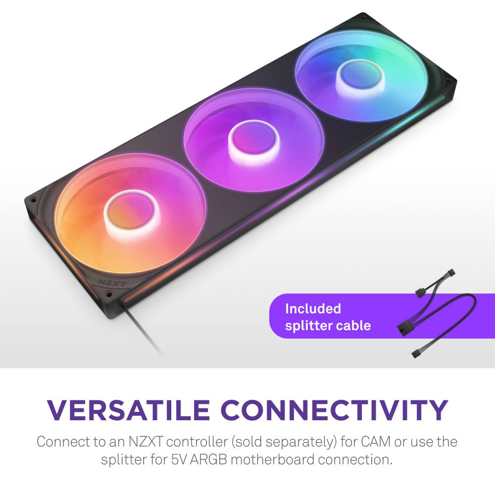 Versatile Connectivity: Connect to an NZXT controller (sold separately) for CAM or use the splitter for 5V ARGB motherboard connection.