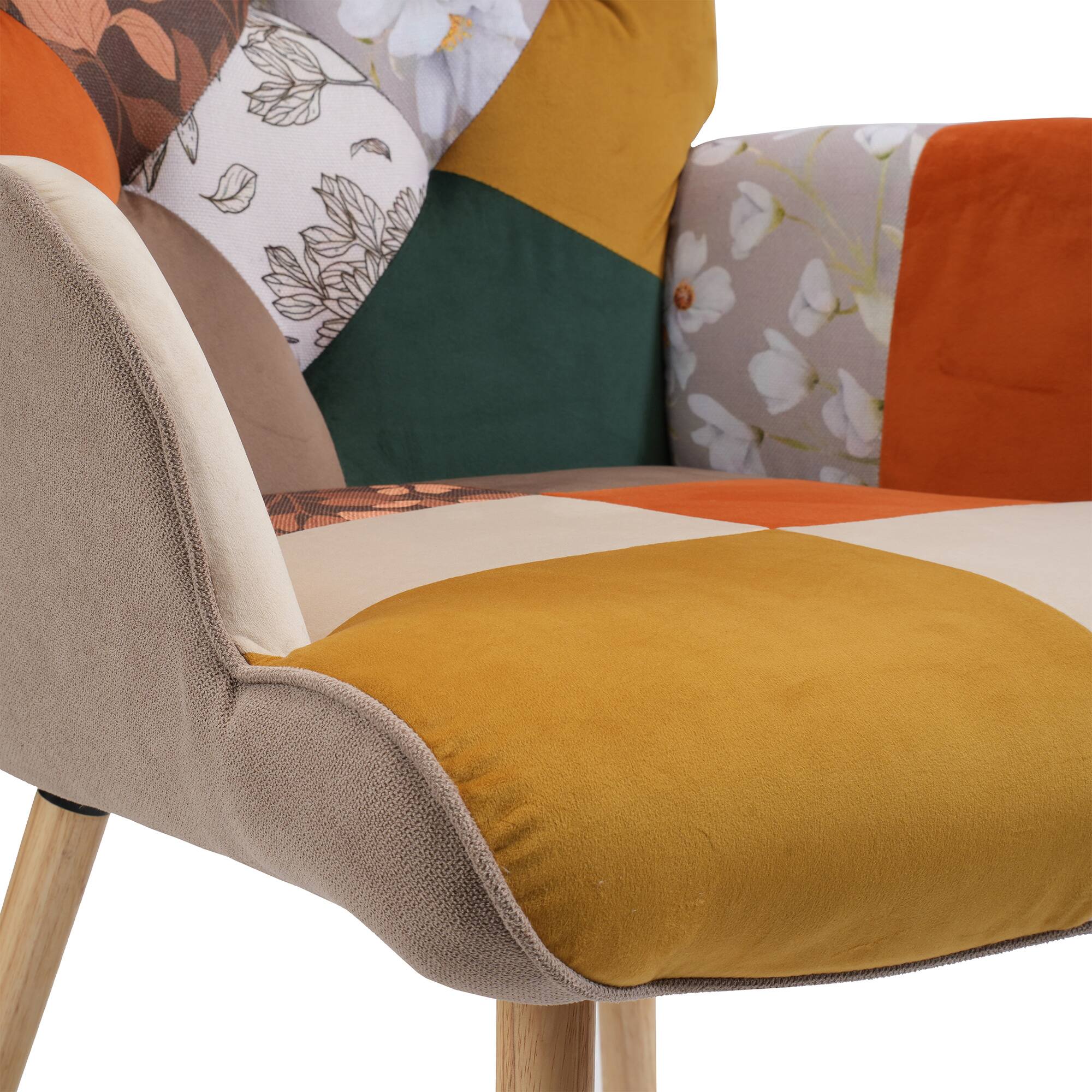Alt View 1. FERPIT - FERPIT Patchwork Upholstered Wingback Accent Chair with Rubberwood Legs, Magnolia Ginger Patchwork - Magnolia Ginger Patchwork.