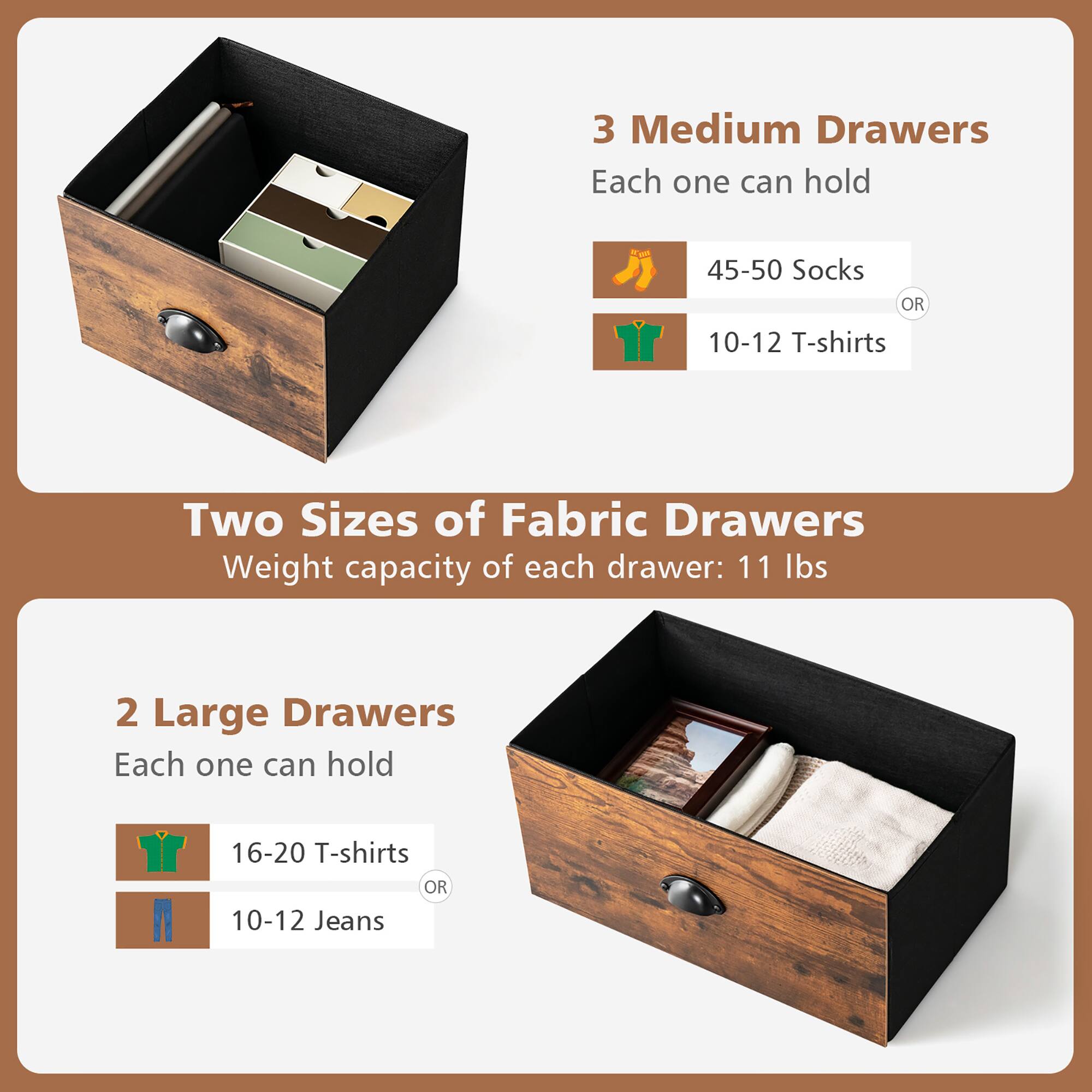 3 Medium Drawers  
Each one can hold  
45-50 Socks OR 10-12 T-shirts  

Two Sizes of Fabric Drawers  
Weight capacity of each drawer: 11 lbs  

2 Large Drawers  
Each one can hold  
16-20 T-shirts OR 10-12 Jeans