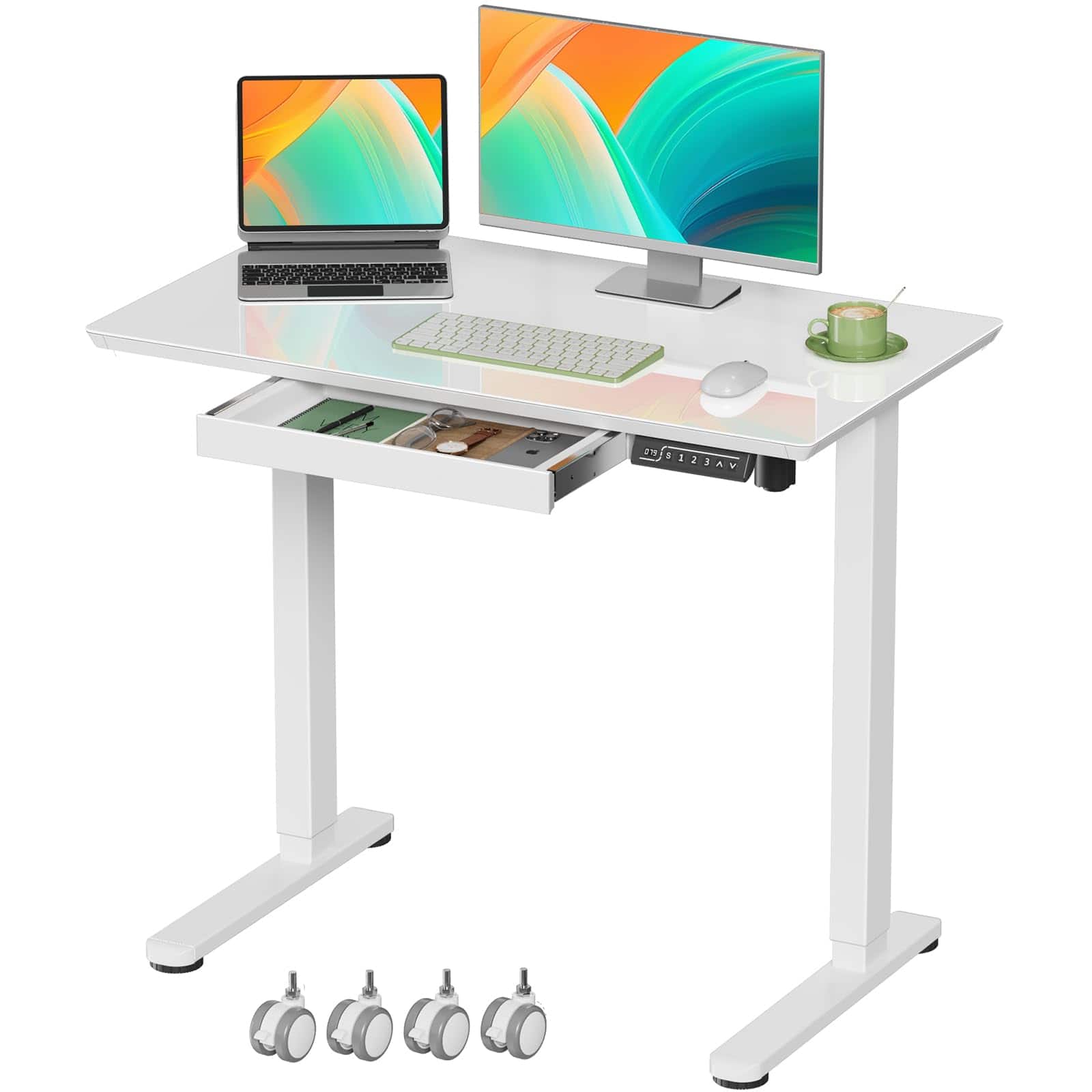 Hirose Alice - Glass Standing Desk with Drawer, 35×nch Whole Piece Height Adjustable Rising Desk, Electric Sit Stand Desk - White